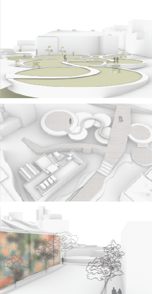 main pathway concept, overview from libary, micheal fowler entrance to civic square.