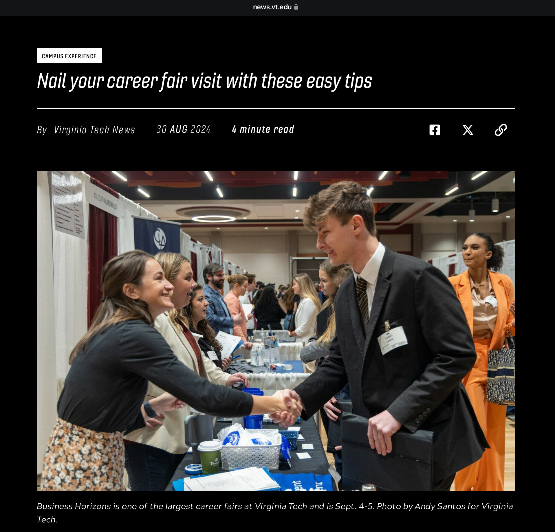 Screenshot of news.vt.edu article with my photo