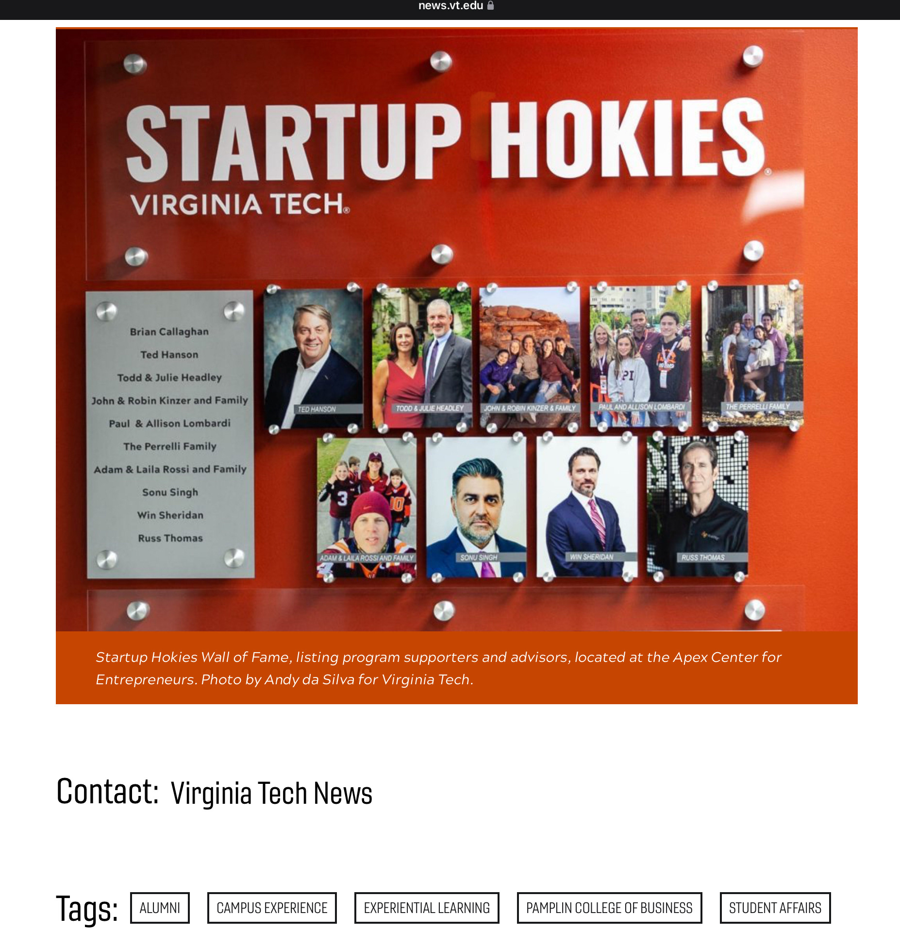 Screenshot of news.vt.edu article with my photo
