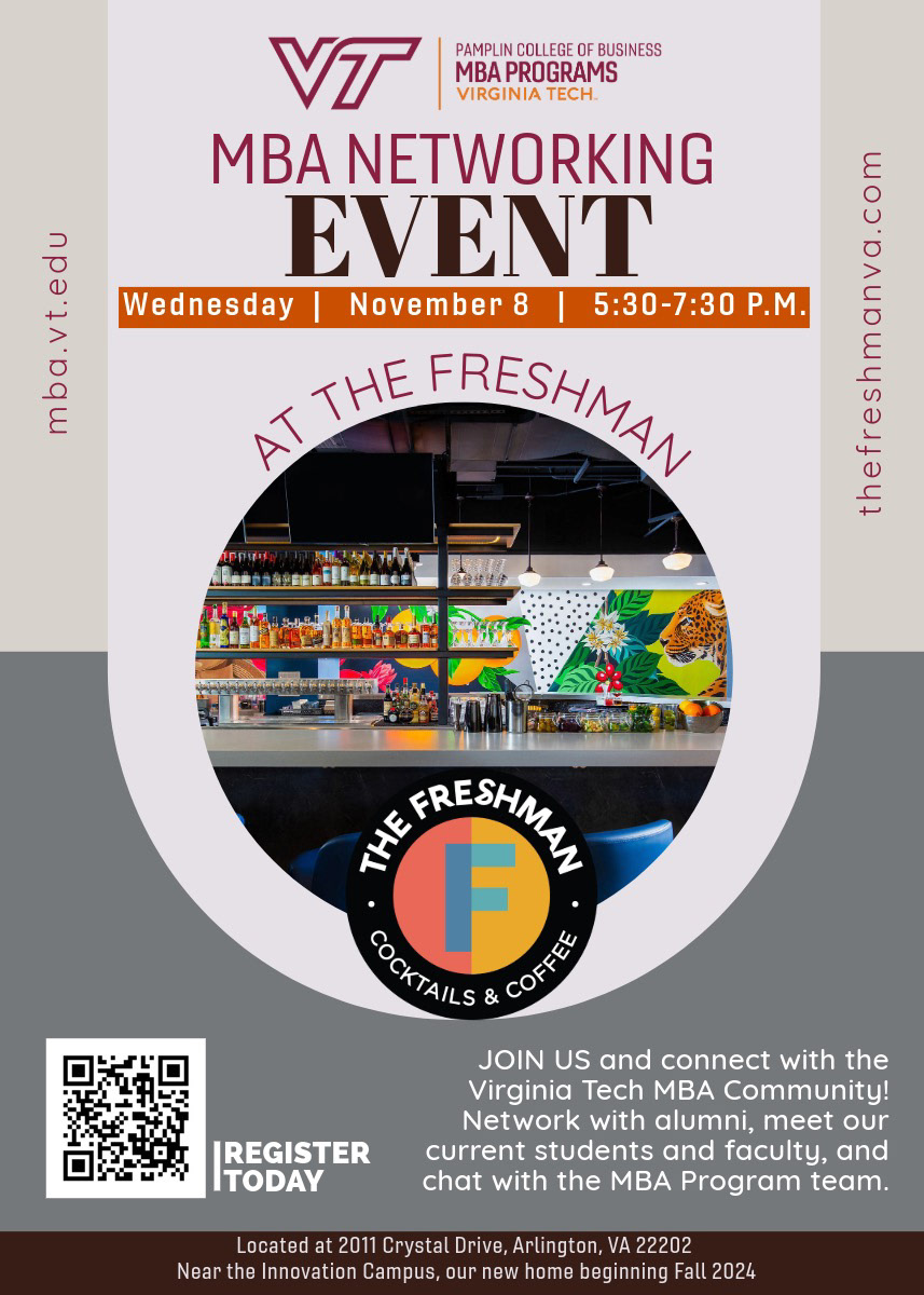 Flyer for MBA networking event at the Freshman venue in Arlington, VA