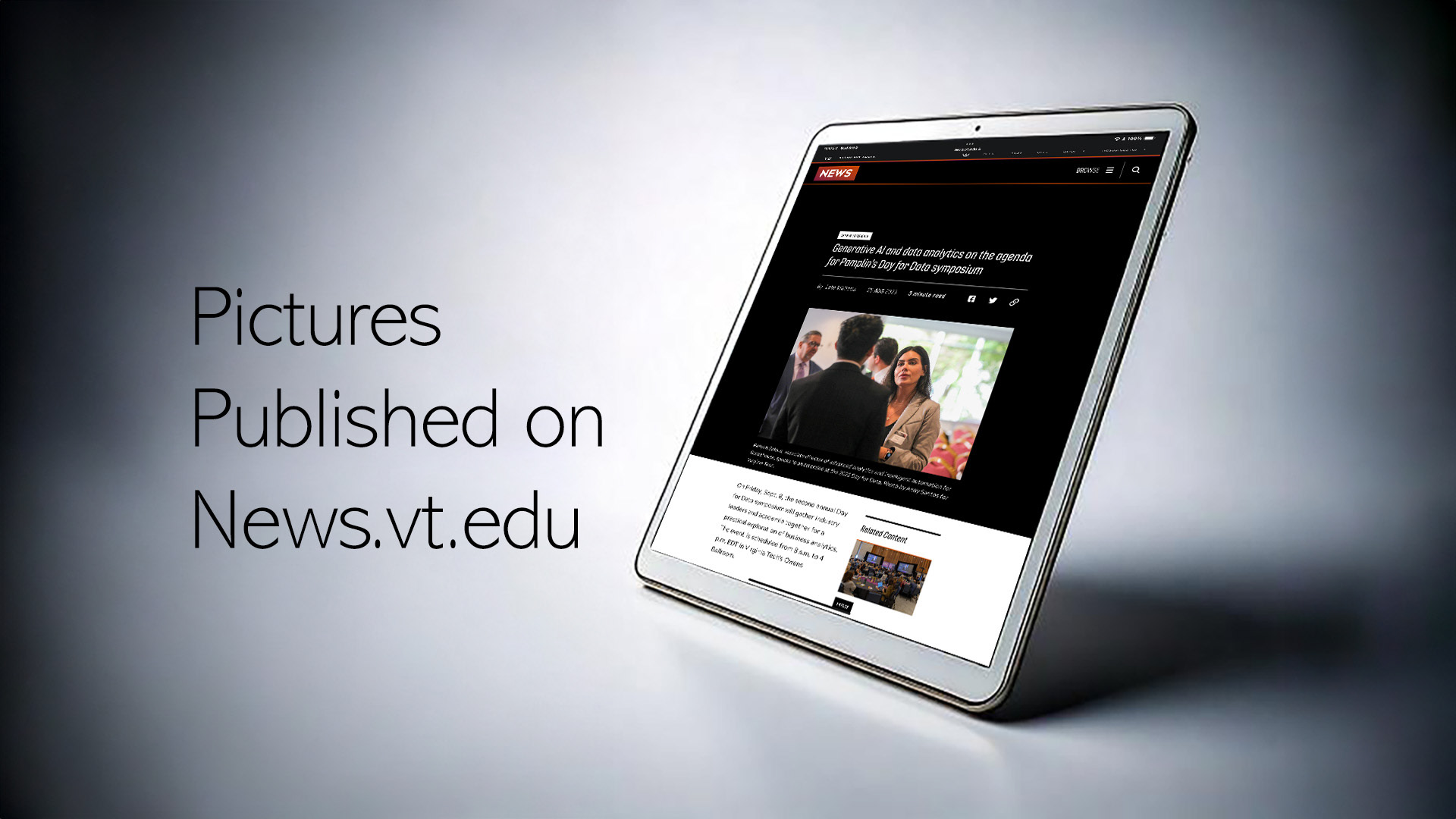 Image of a tablet next to the words pictures published on news.vt.edu
