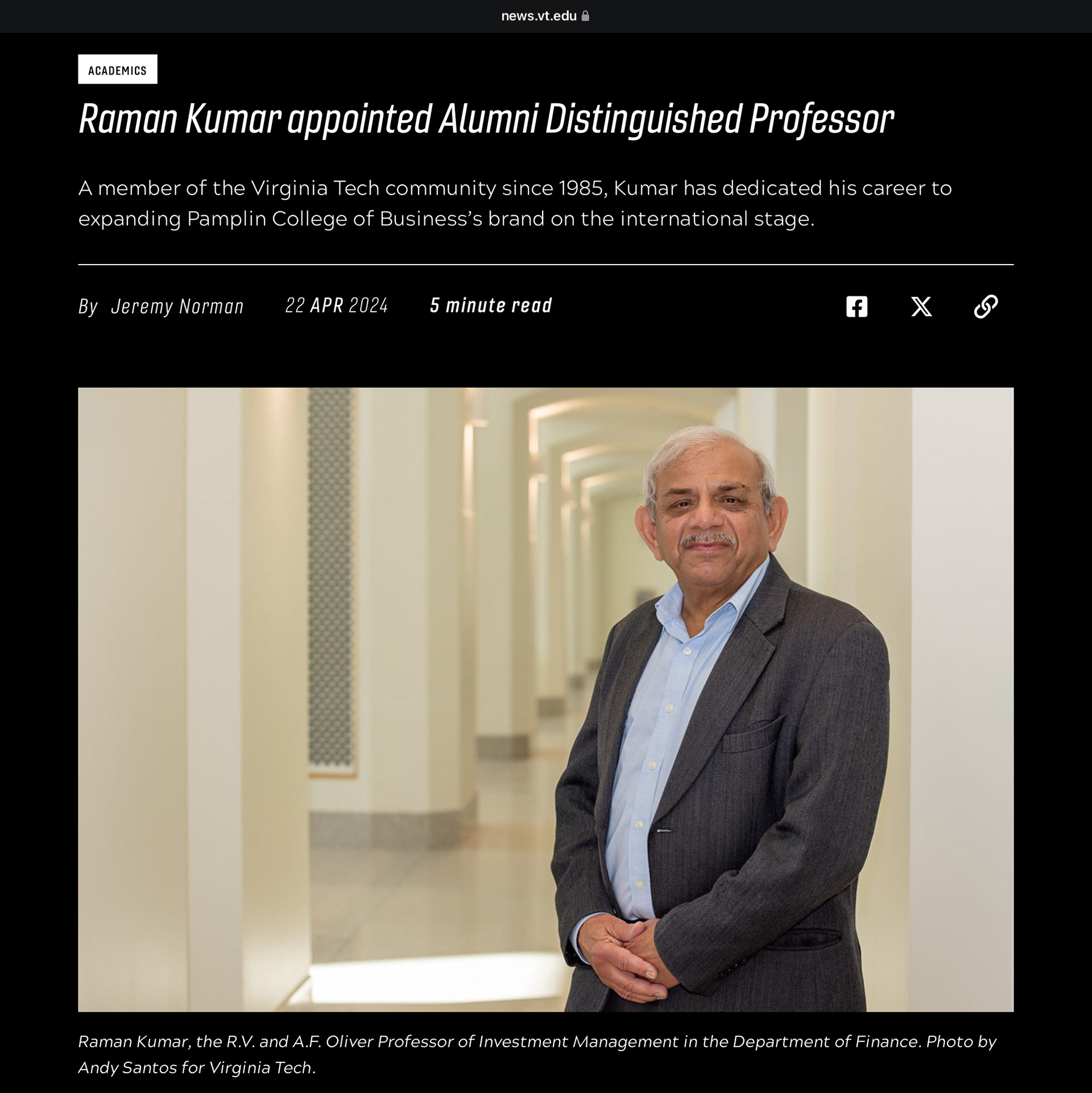 Screenshot of news.vt.edu article with my photo