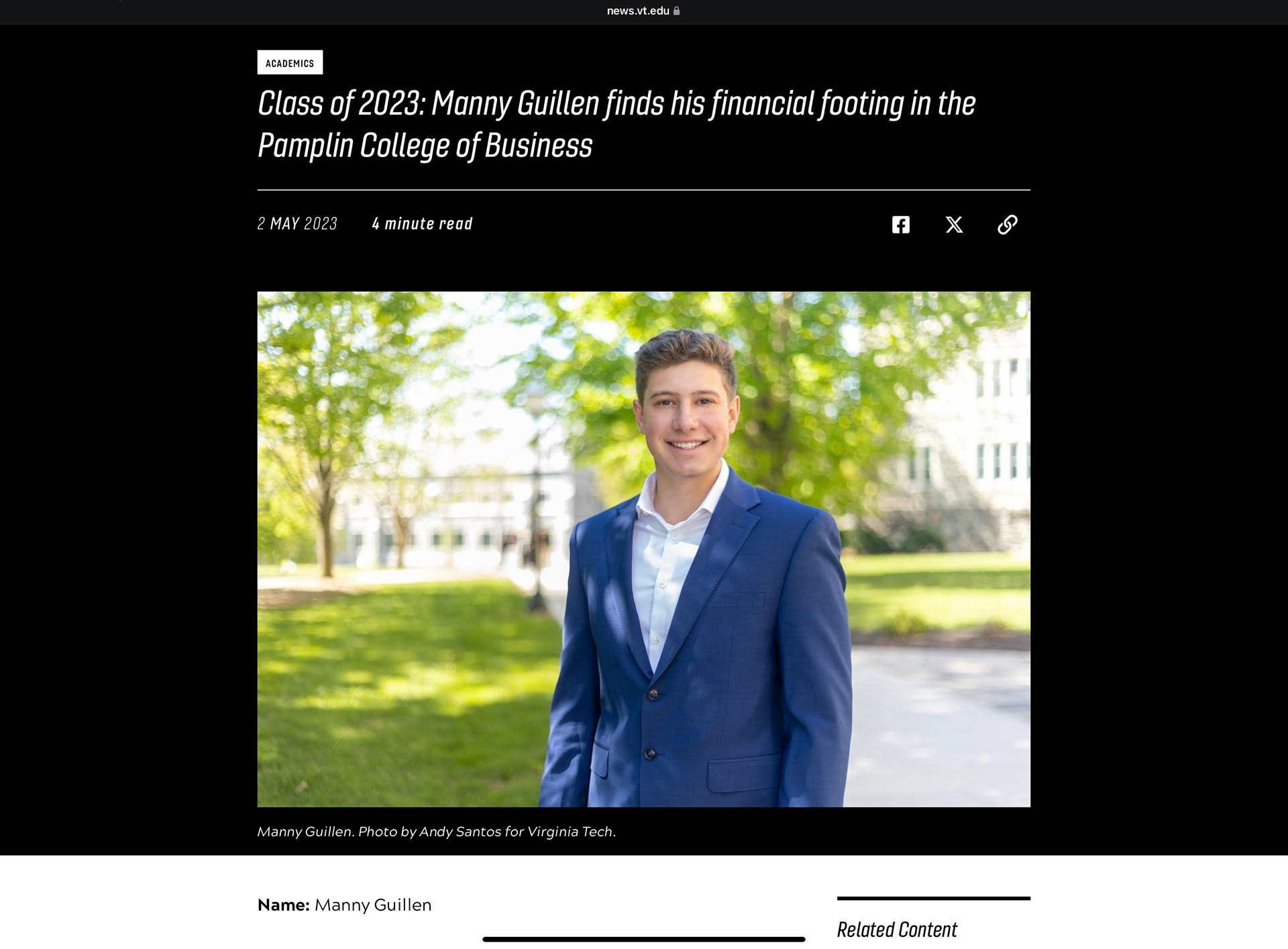 Screenshot of news.vt.edu article with my photo