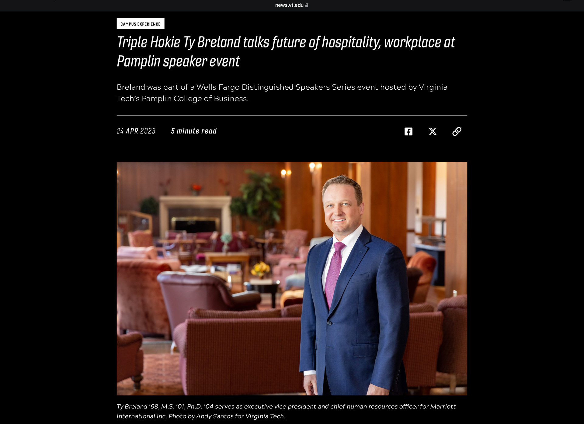Screenshot of news.vt.edu article with my photo