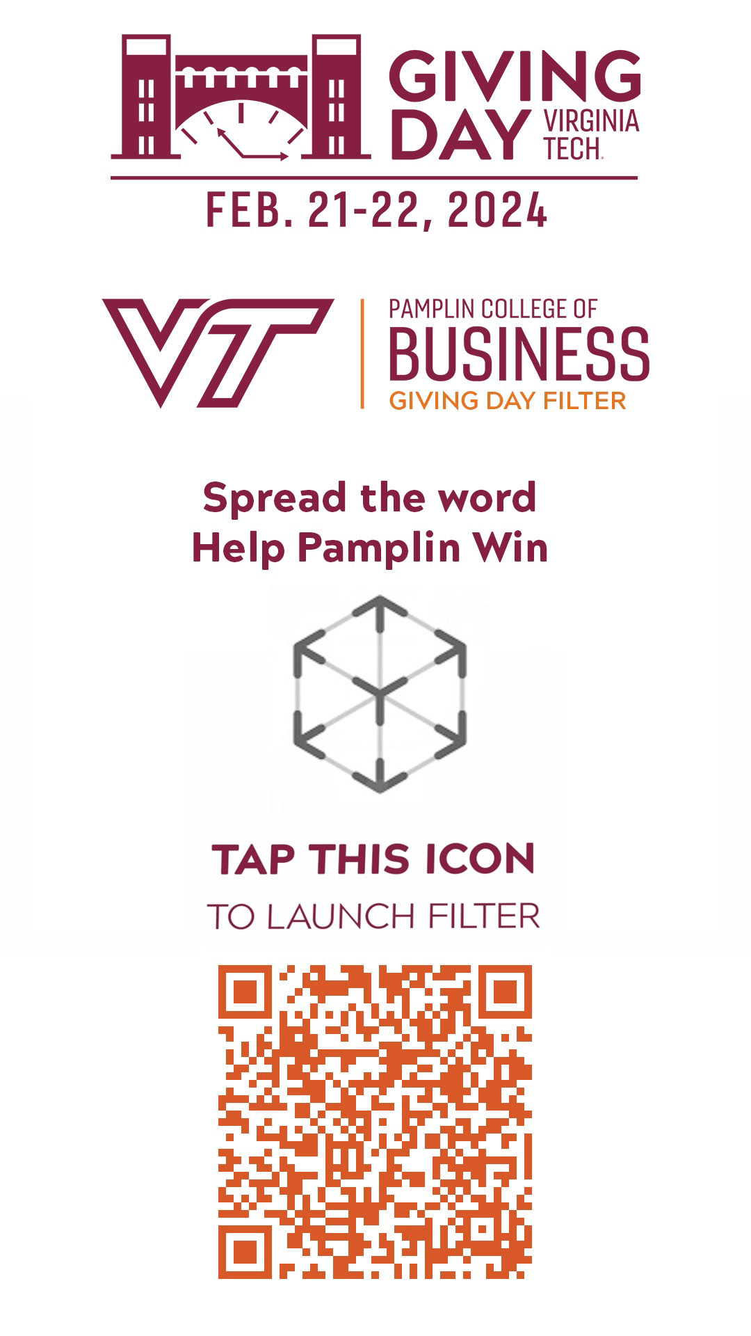 Vertical image with Giving day logo, Pamplin logo, and a QR code