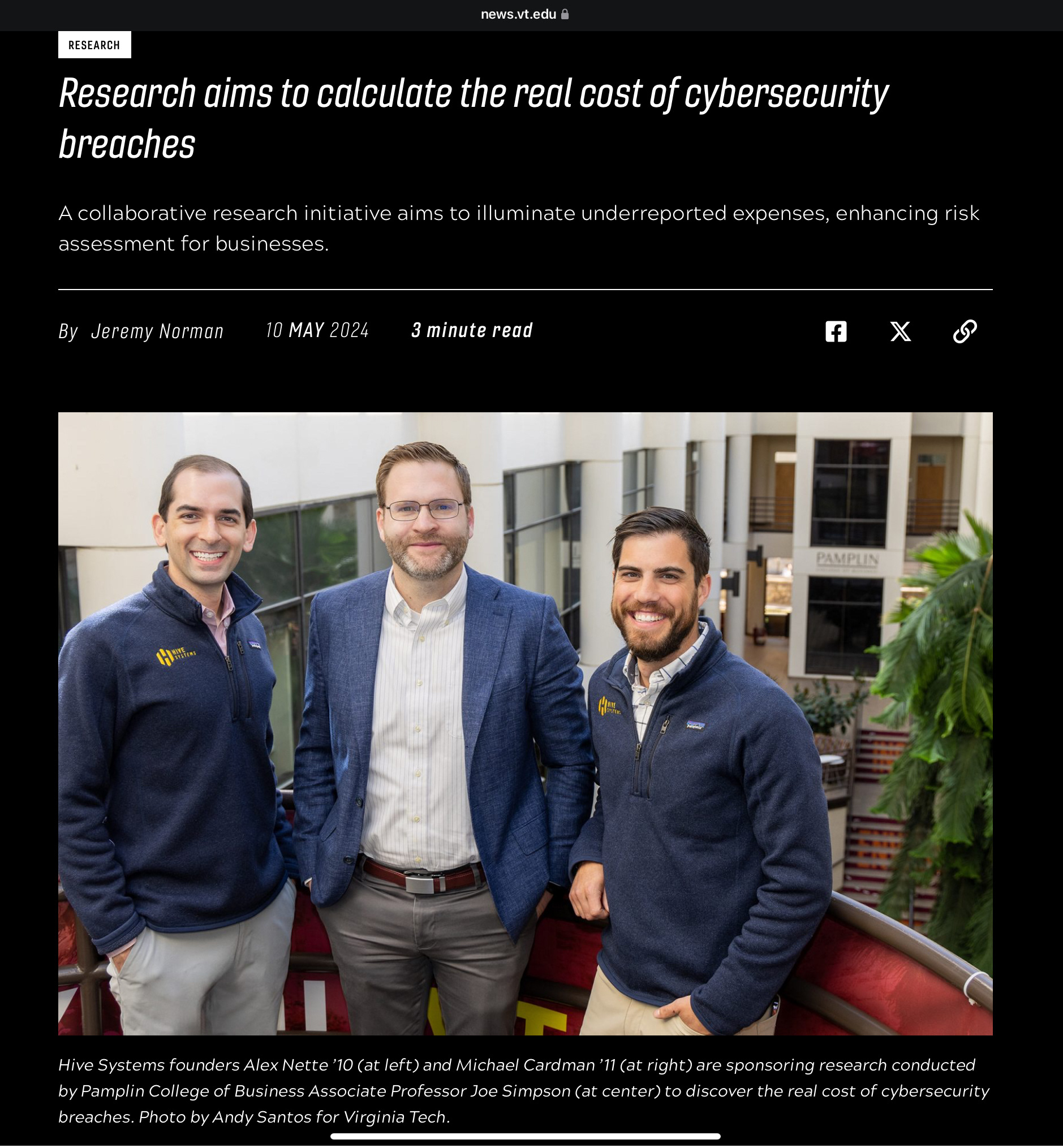 Screenshot of news.vt.edu article with my photo