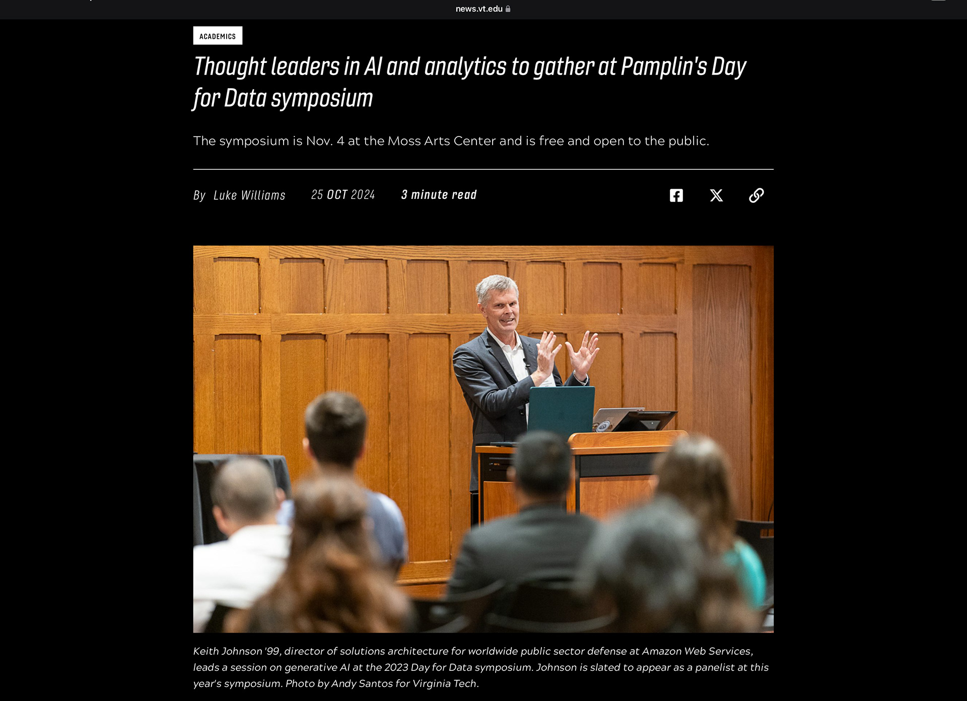 Screenshot of news.vt.edu article with my photo