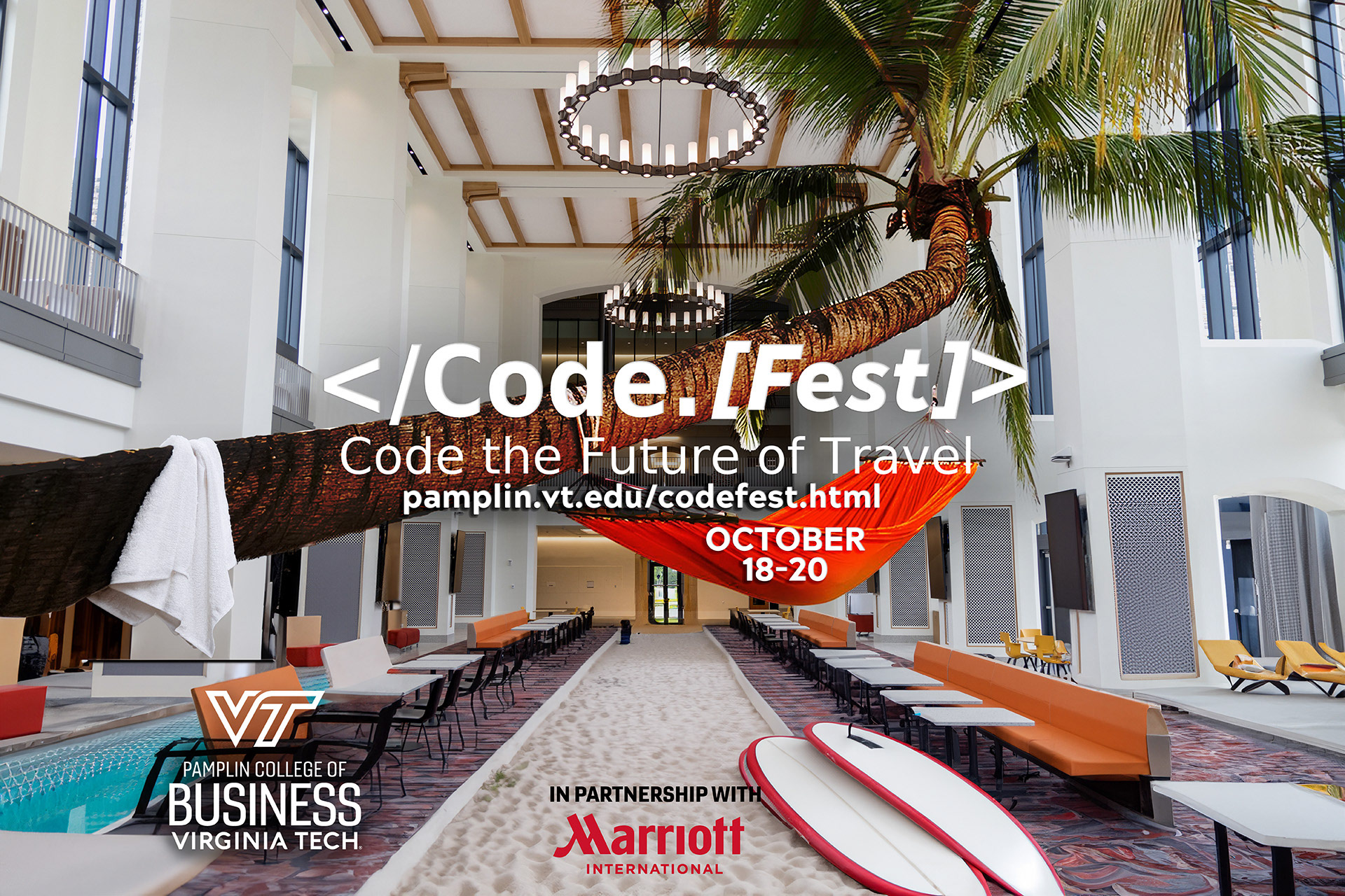 Image of a lobby with palm trees and surfboards, in the center the words CodeFest, code the future of travel is written and a URL for Pamplin.vt.edu/codefest