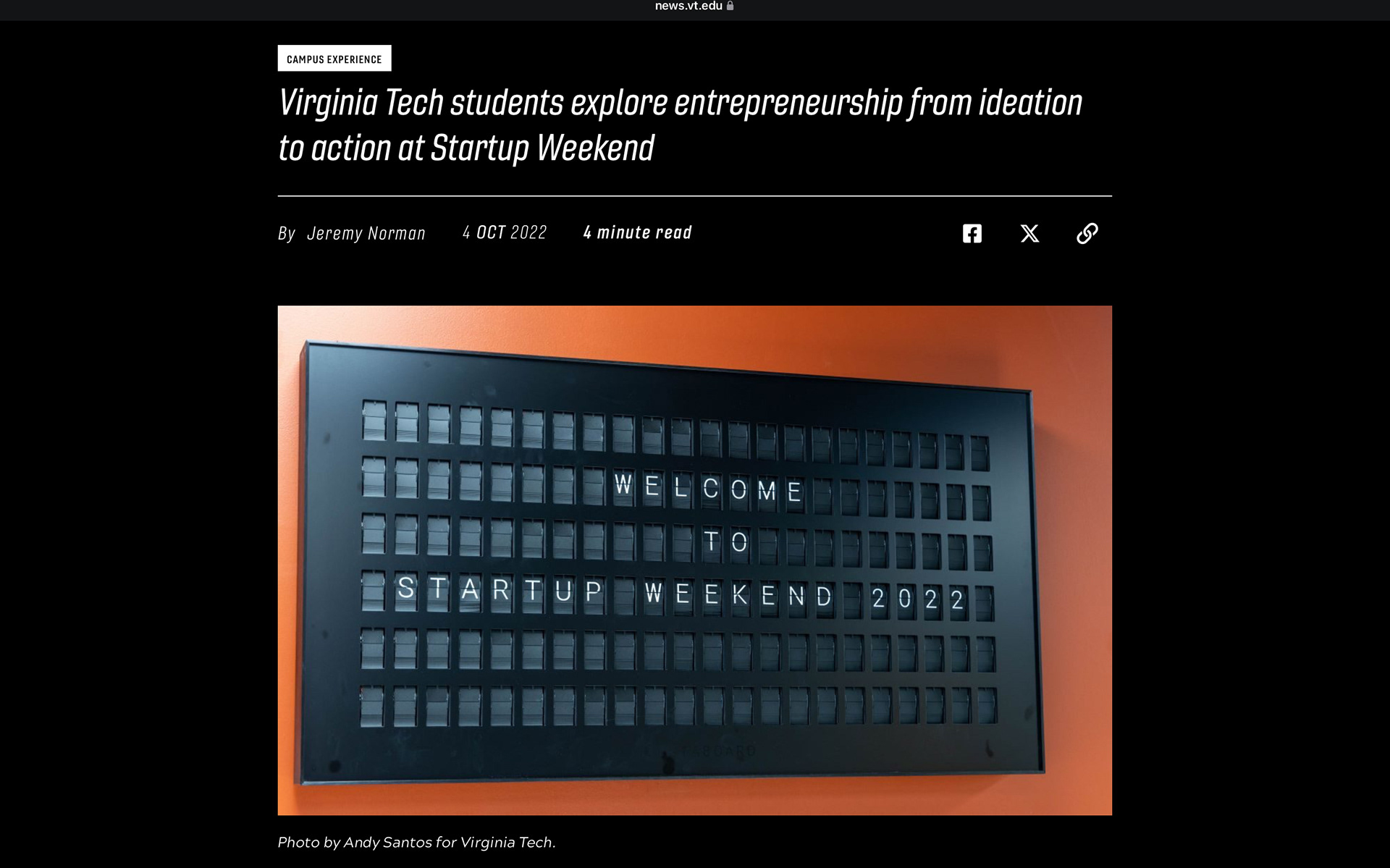 Screenshot of news.vt.edu article with my photo