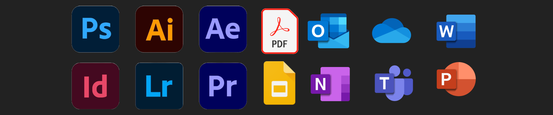 image with icons of the softwares skills I have: Adobe Creative Suite and Microsoft 365