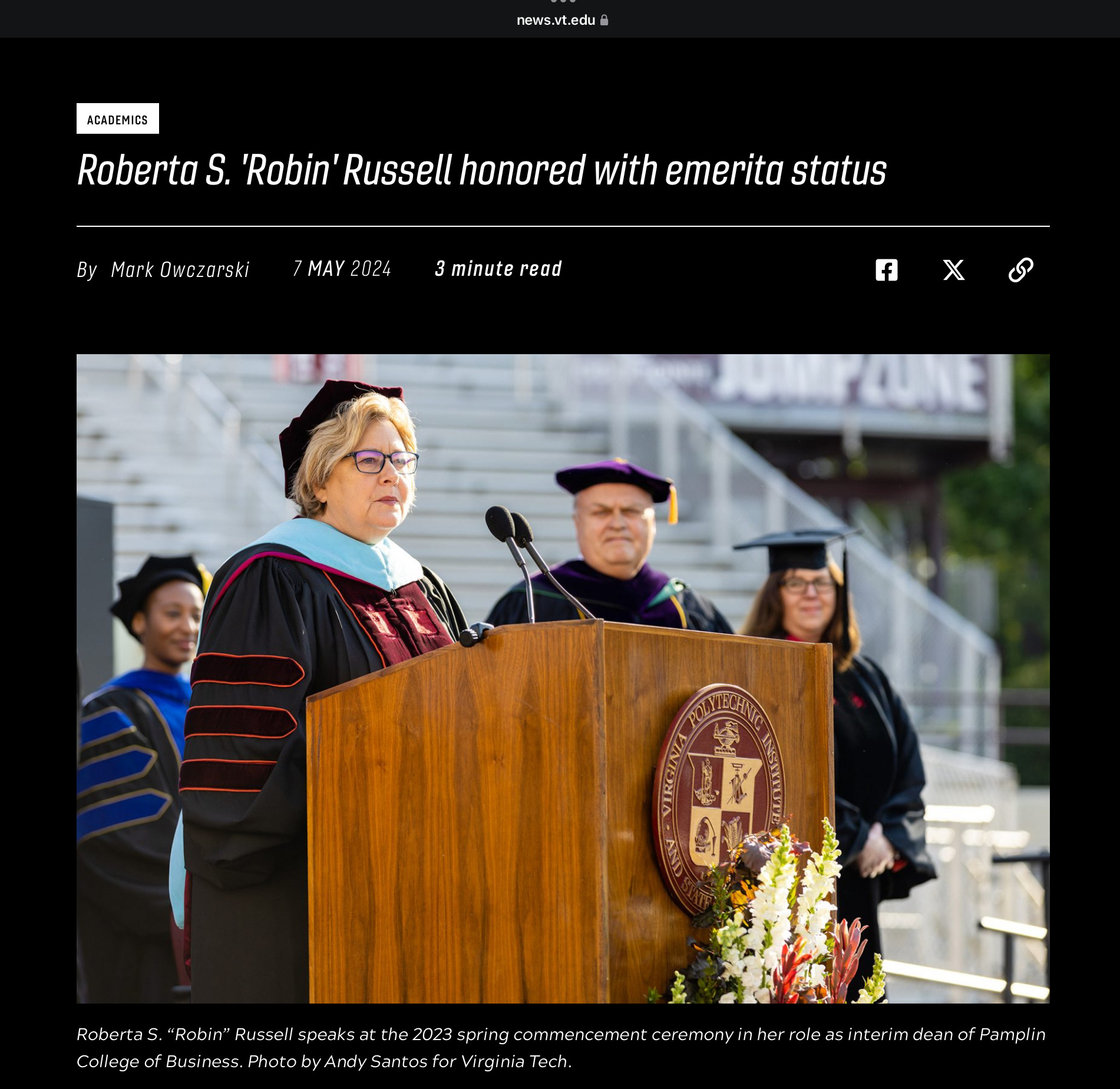 Screenshot of news.vt.edu article with my photo