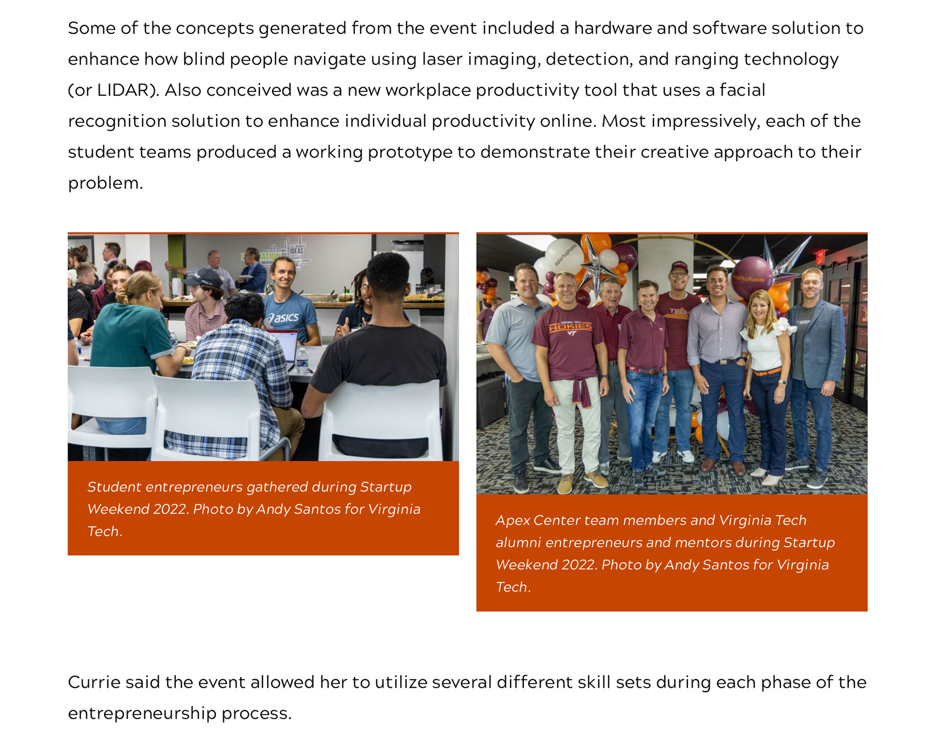 Screenshot of news.vt.edu article with my photos