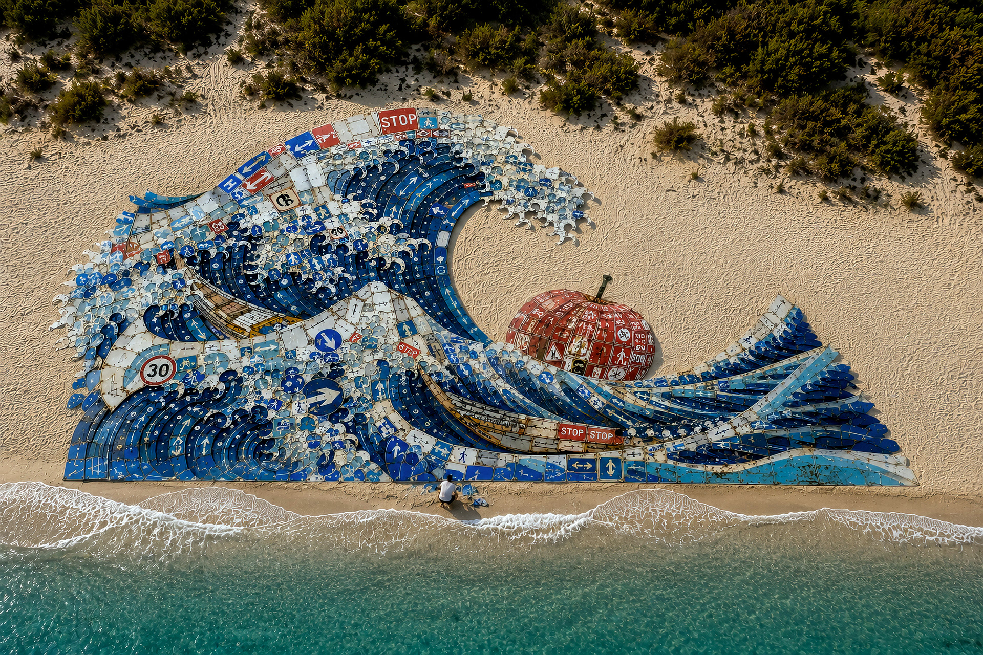 Concept rendering of The Last Wave, a monumental wave and red apple composed of discarded traffic signs across a sandy landscape.
