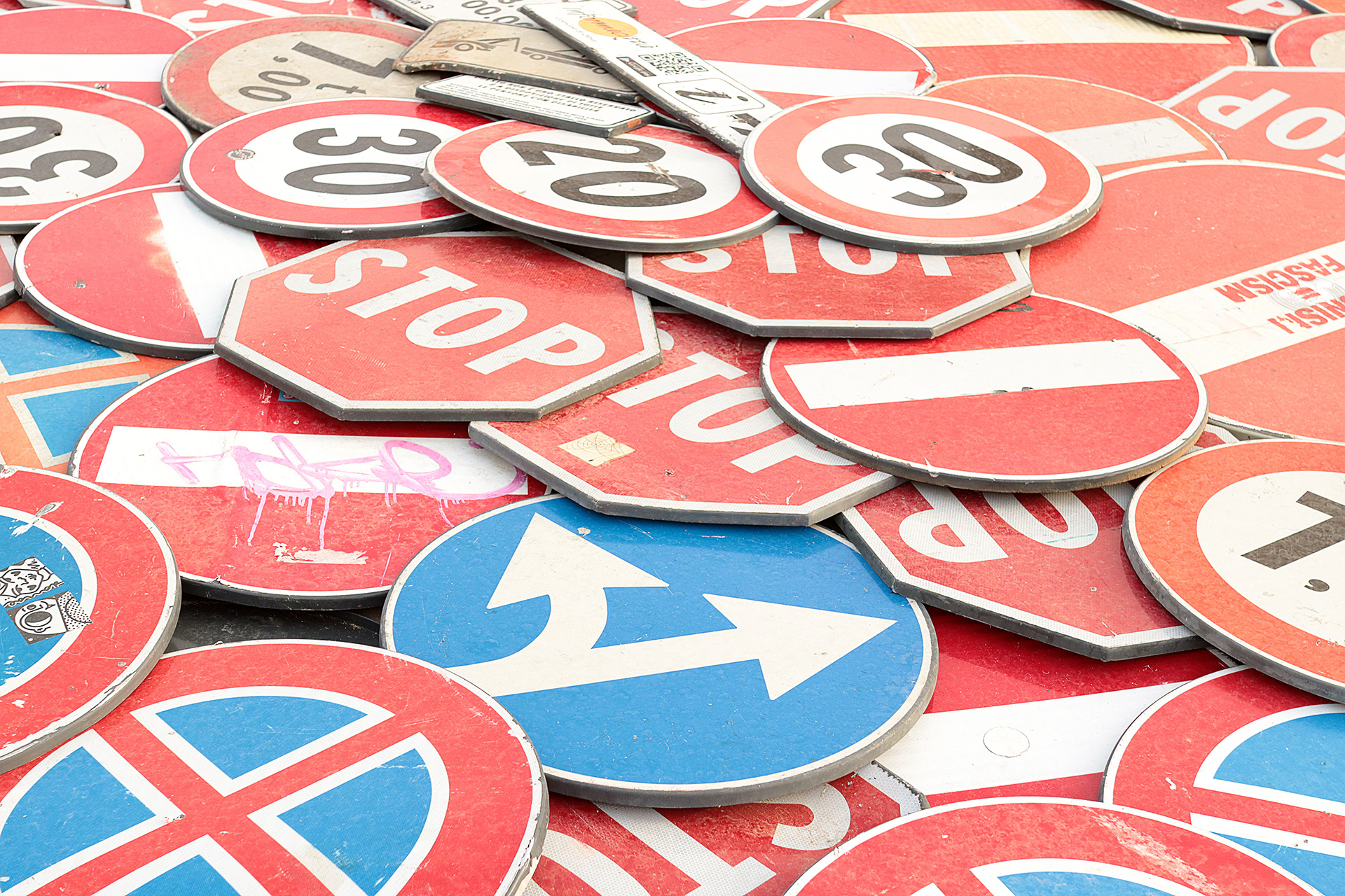 Material detail of Concerto 0 by Scoobafish, showing layered prohibition and directional signs forming individual Urban Pixels.