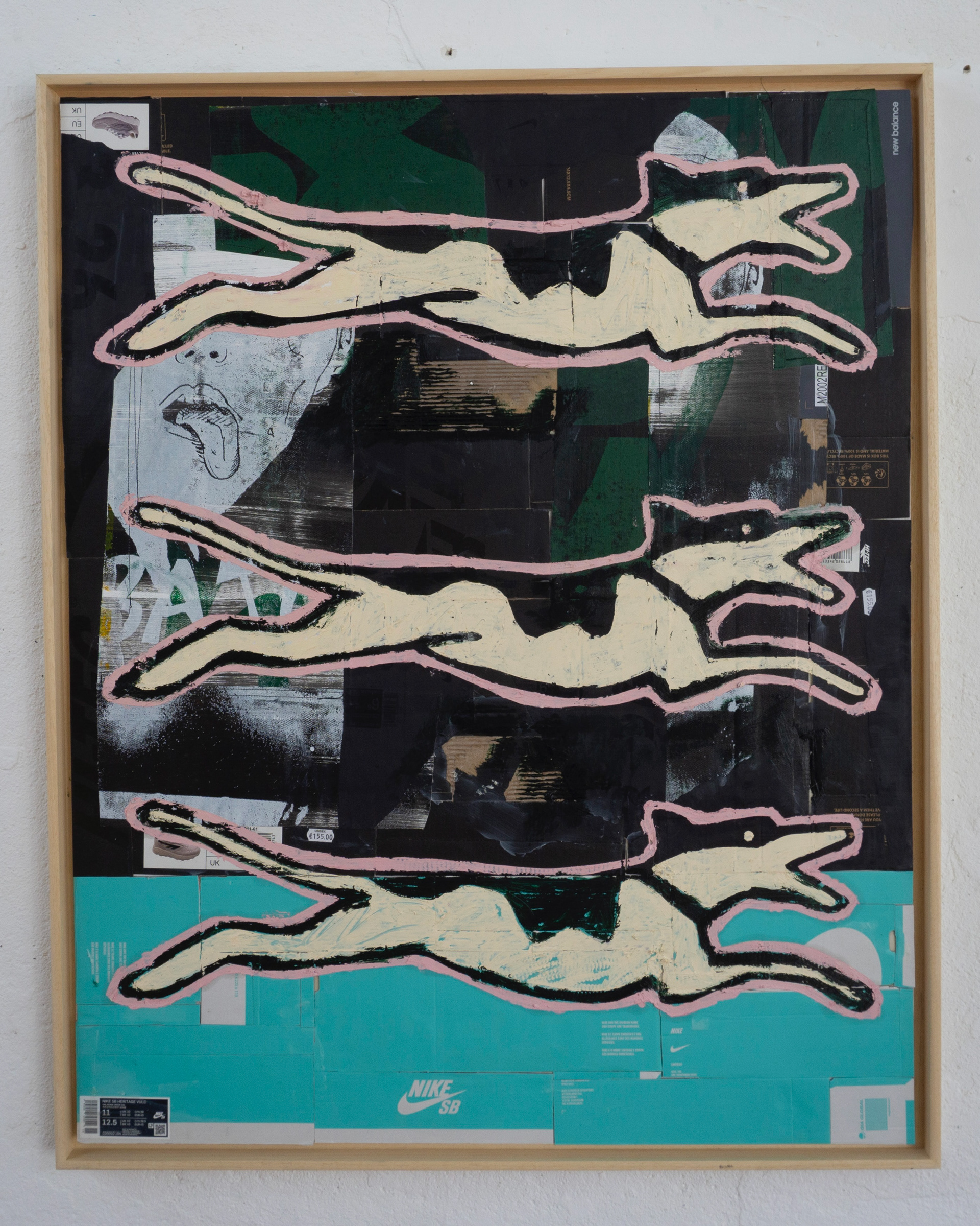 WHO LET THE DOGS OUT #1 (2024), Oil stick, acrylics on canvas and shoe boxes, 80 x 100 cm
