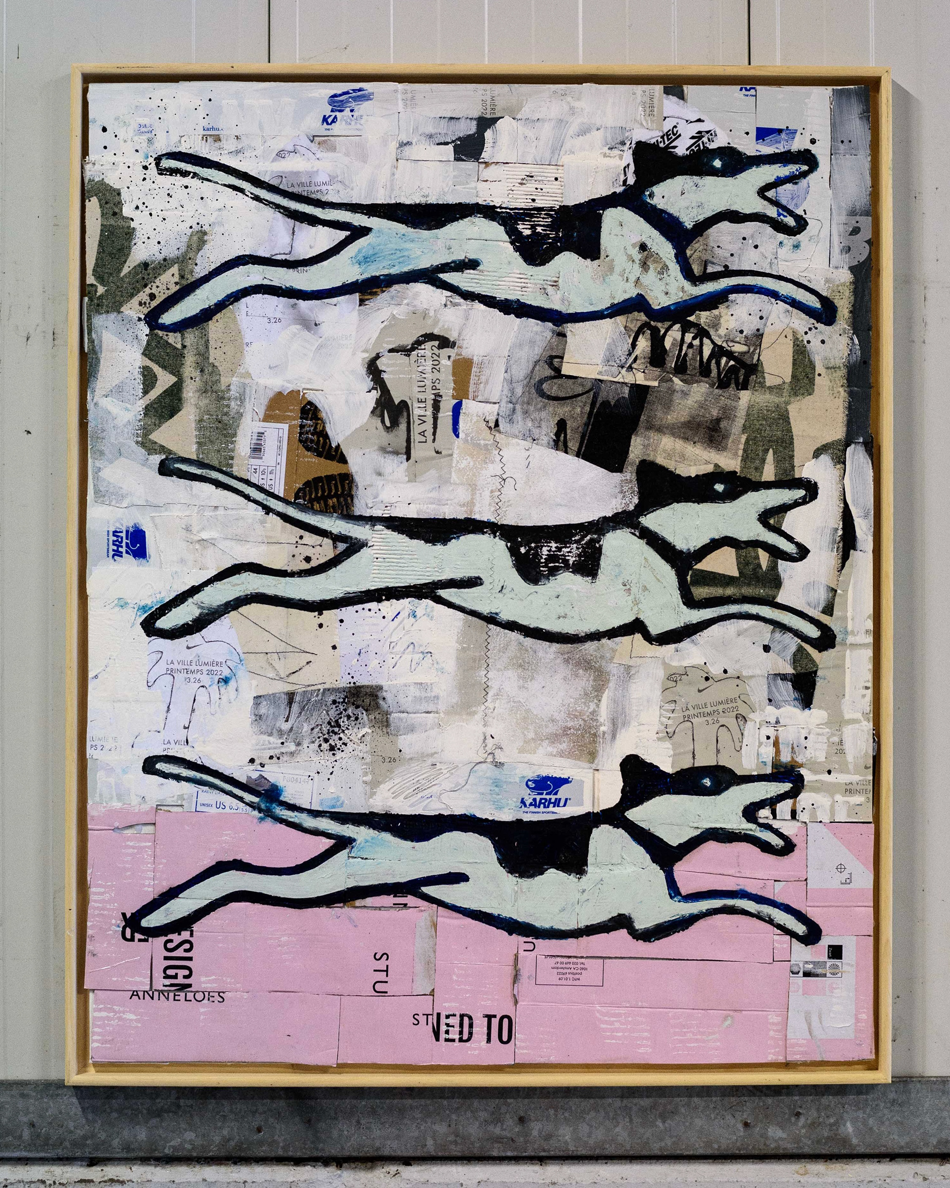 WHO LET THE DOGS OUT #2 (2024), Oil stick, acrylics on canvas and shoe boxes, 80 x 100 cm