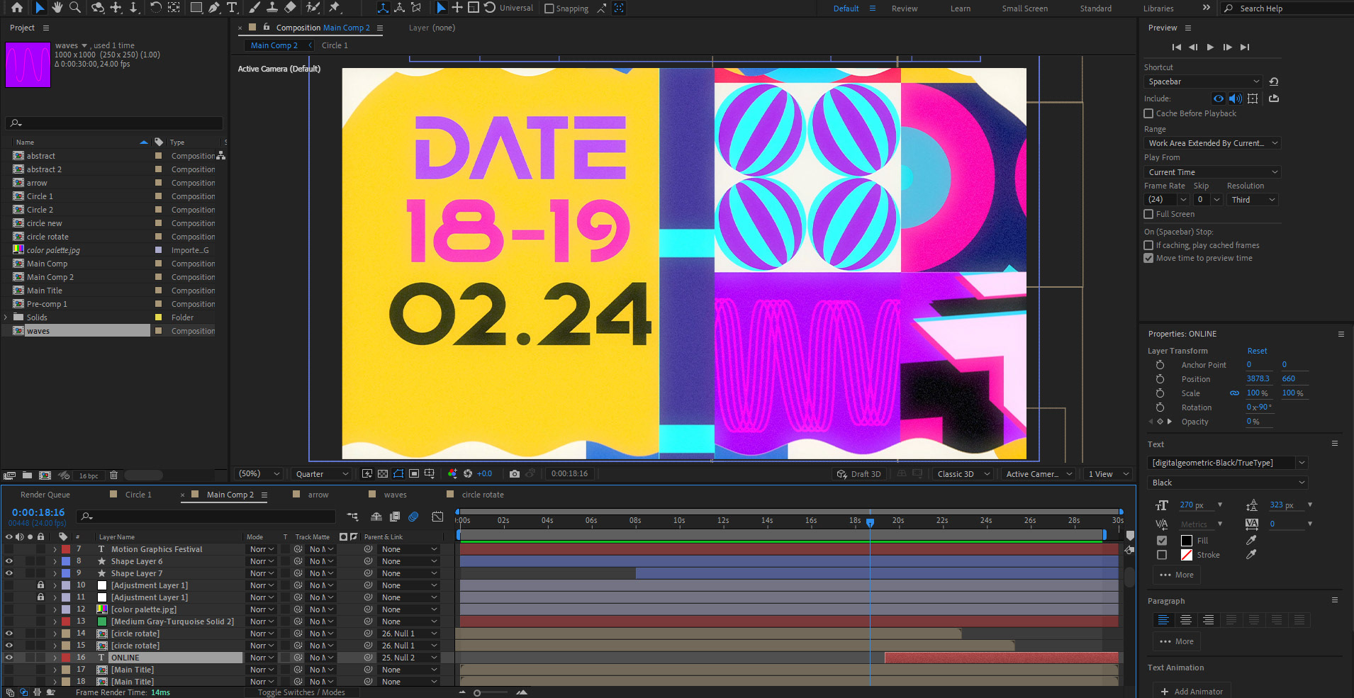 Now the text was added in the main comp