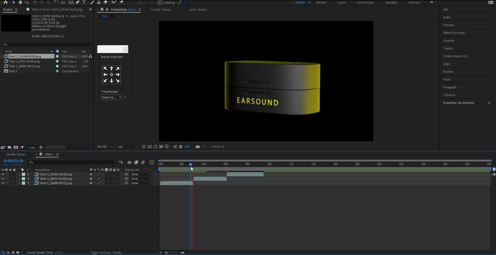 Import the 3 rendered shots from C4D to After Effects