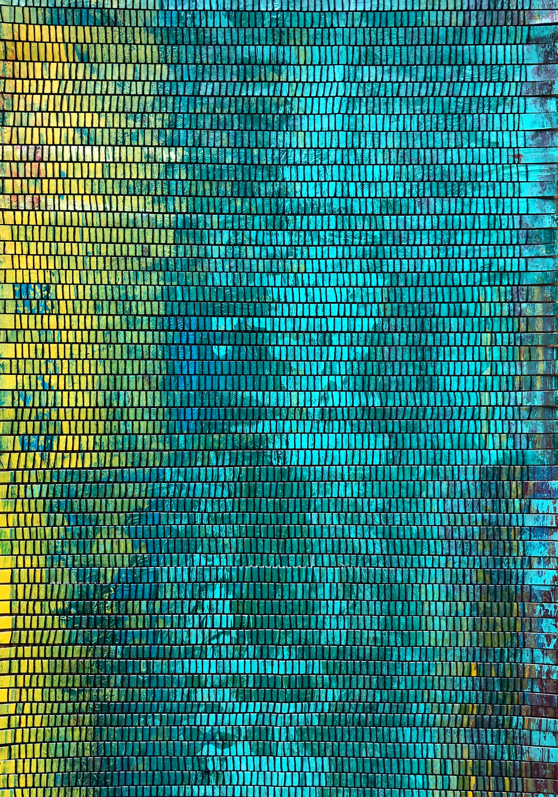 Section of a weaving; black cotton warp, slices of painted canvas as the weft, woven on a Saori loom
