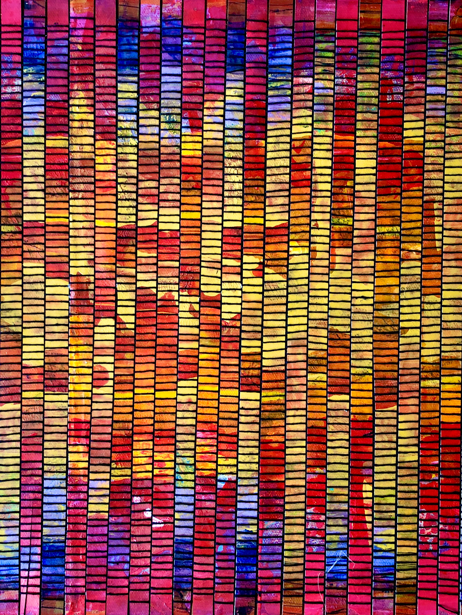 Section of a weaving; black cotton warp, slices of painted canvas as the weft, woven on a Saori loom