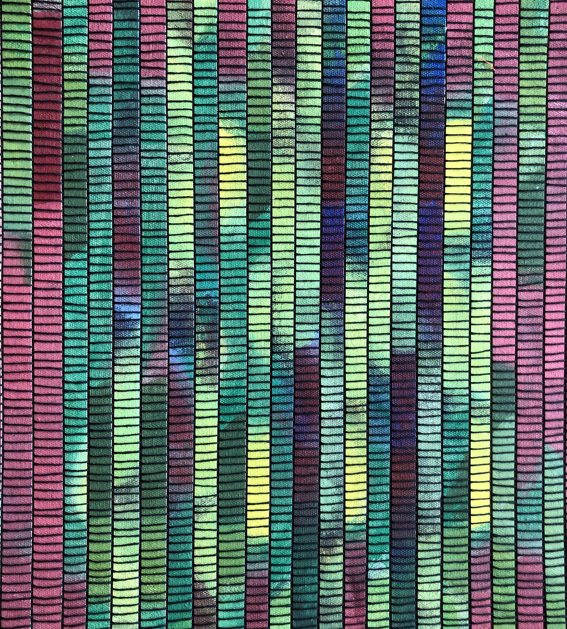 Section of a weaving; black cotton warp, slices of painted canvas as the weft, woven on a Saori loom