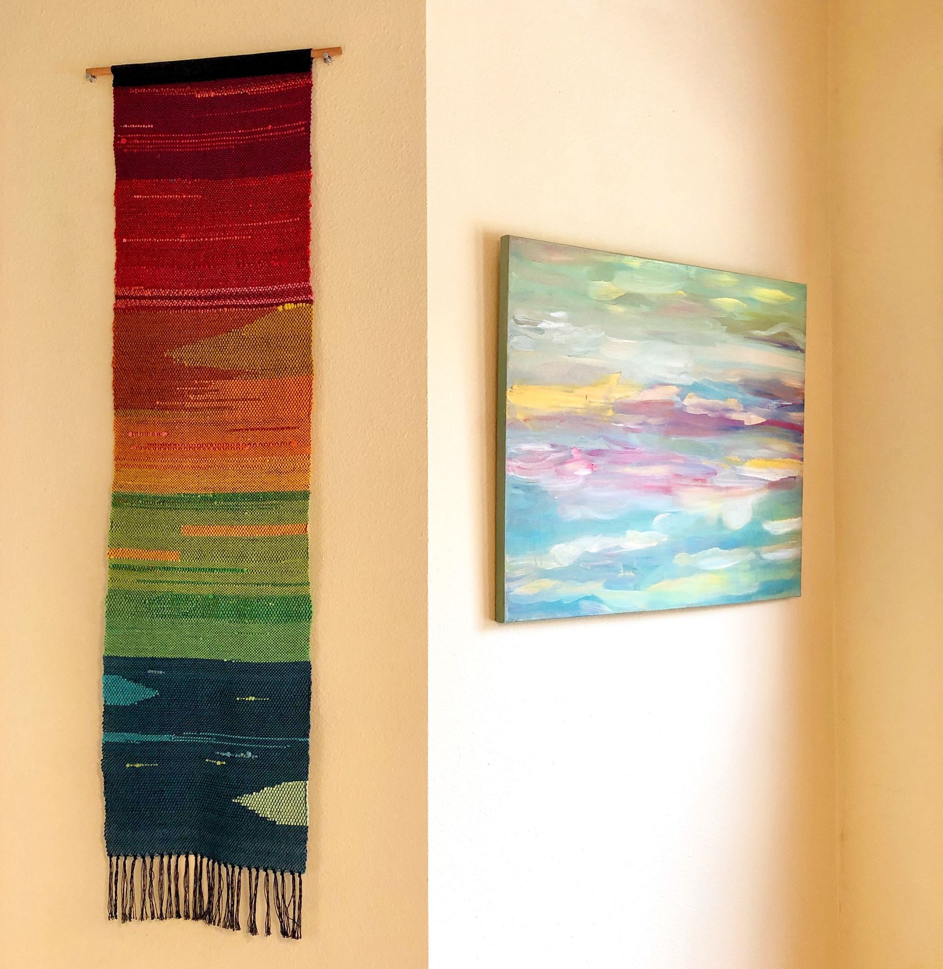 Handwoven tapestry on the left, "Fluidity" on the right