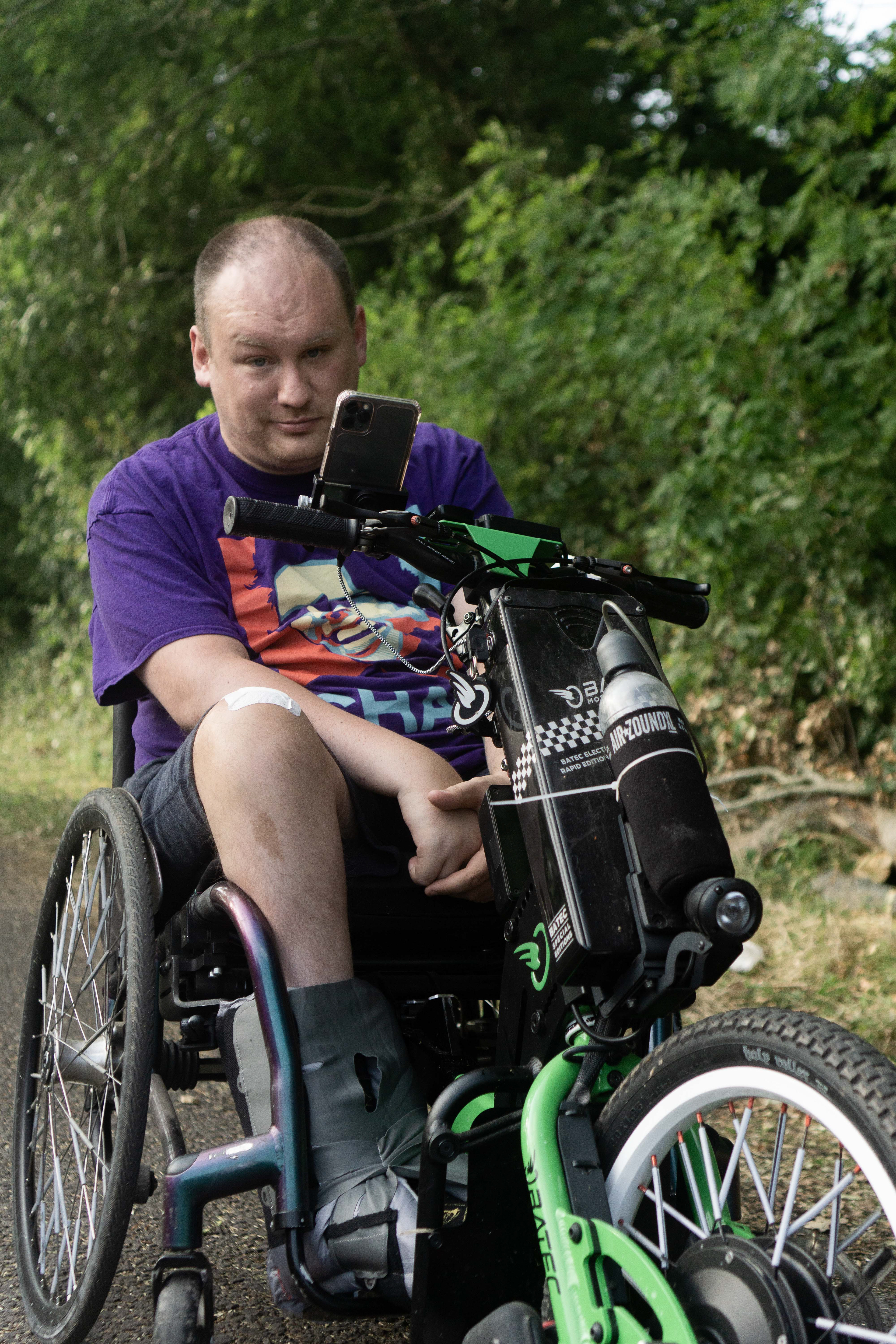 Dan - It was tough going to catch up with him. After a spinal injury left him using a wheelchair he is undaunted and undeterred. With a top speed I cannot mention he and his mate soar along the shared path