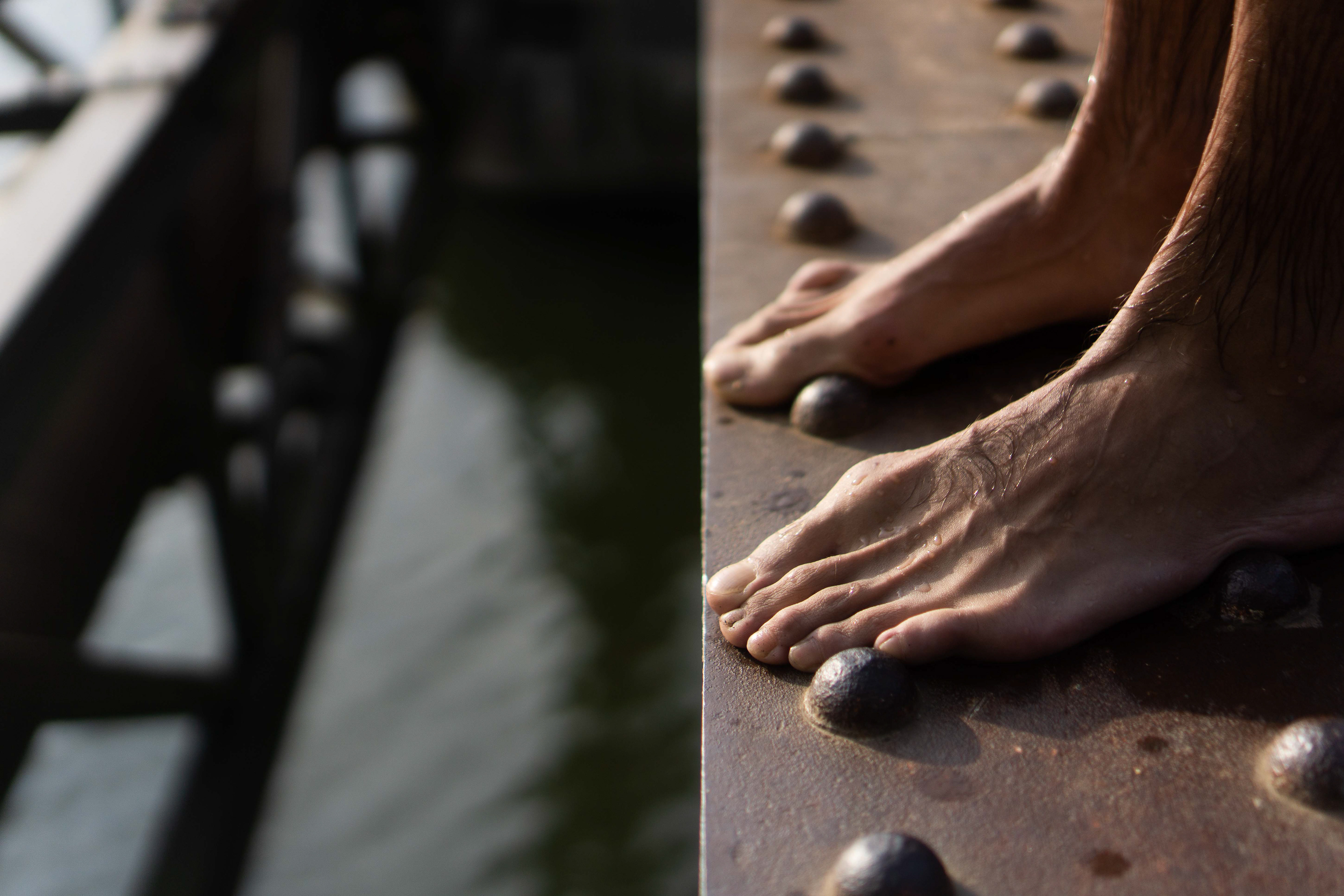 C- The structures over the river on the path offer places for adventure, and a cold swim