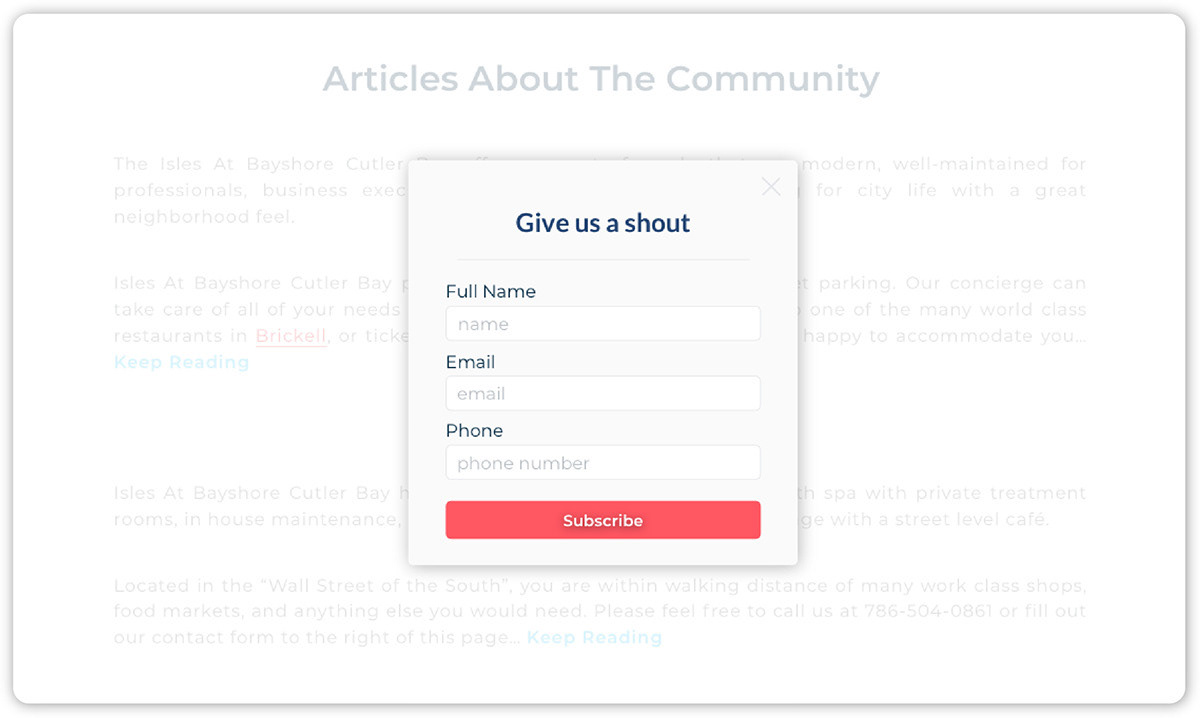 Image of pop-up with contact form.