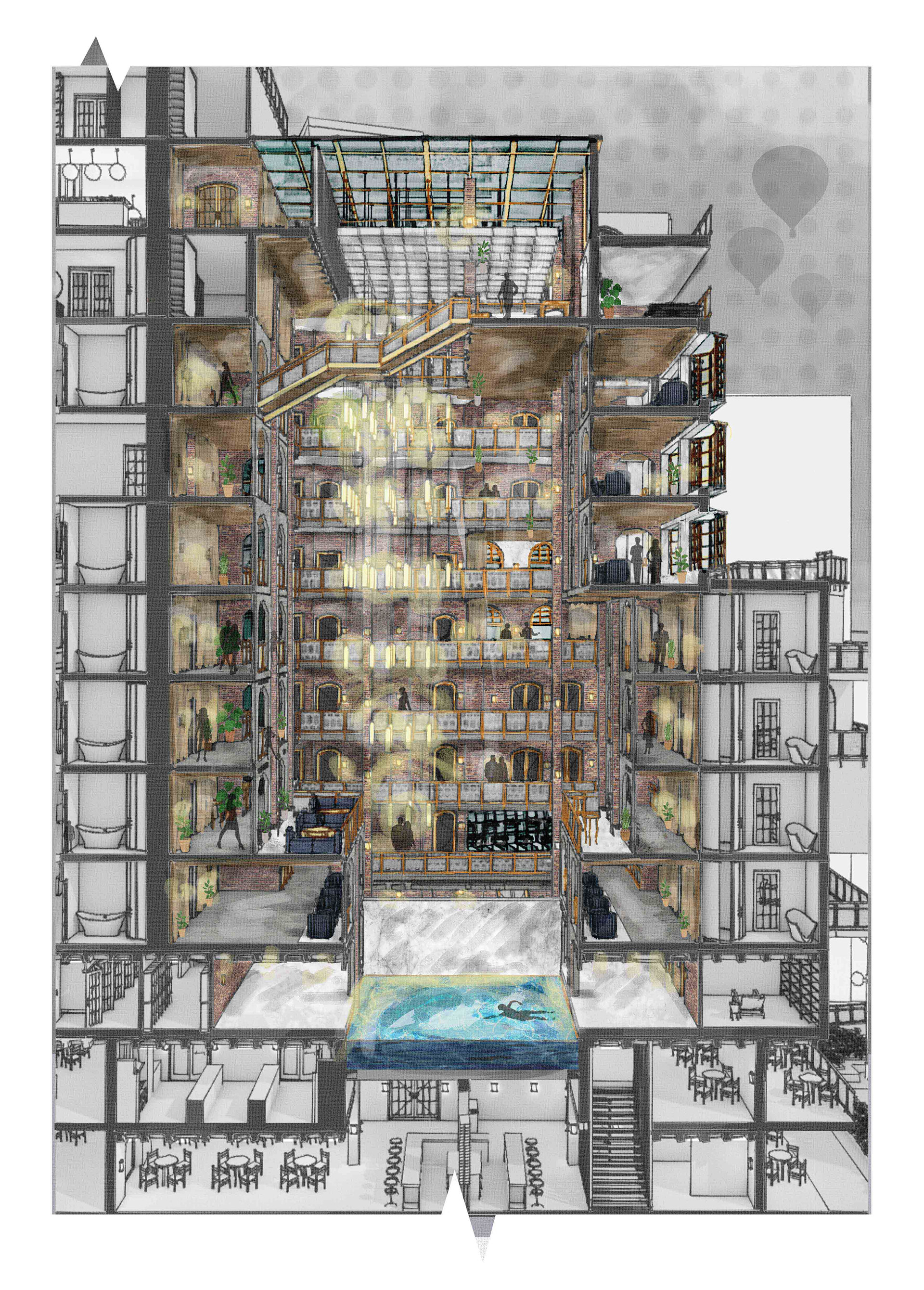 Hotel Atrium Perspective Section: This highlights the feature atrium of the hotel opening up to emphasize the height of the scheme and the feature glass floor pool below.