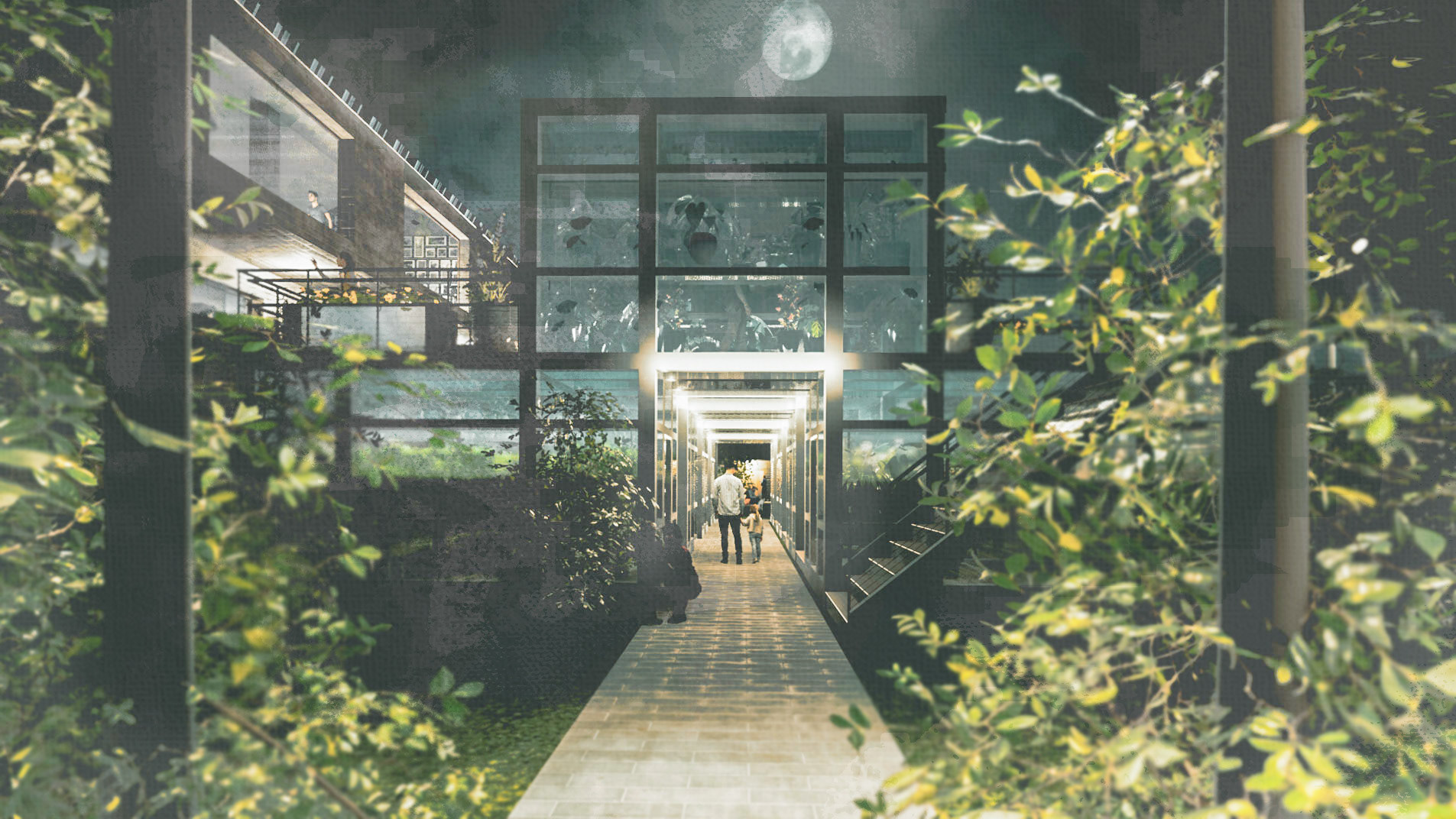 View of the Greenhouses at Night.
