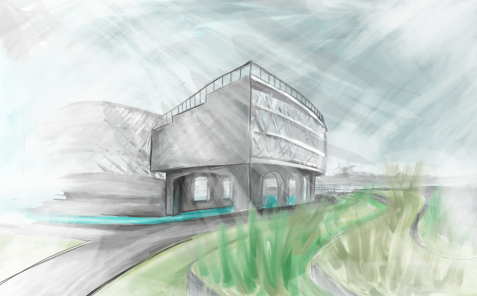 Concept Sketch of using the new gas holder inspired hubs for mixed use activities in line with the aspects of mind, body and soul in metaphysical alchemy.