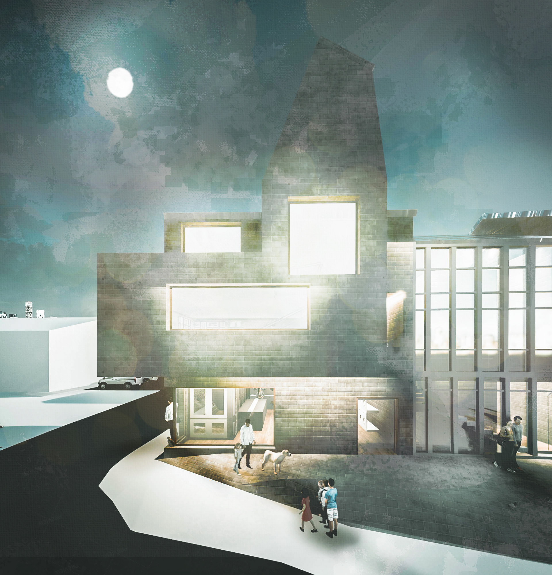 View of scheme at night.