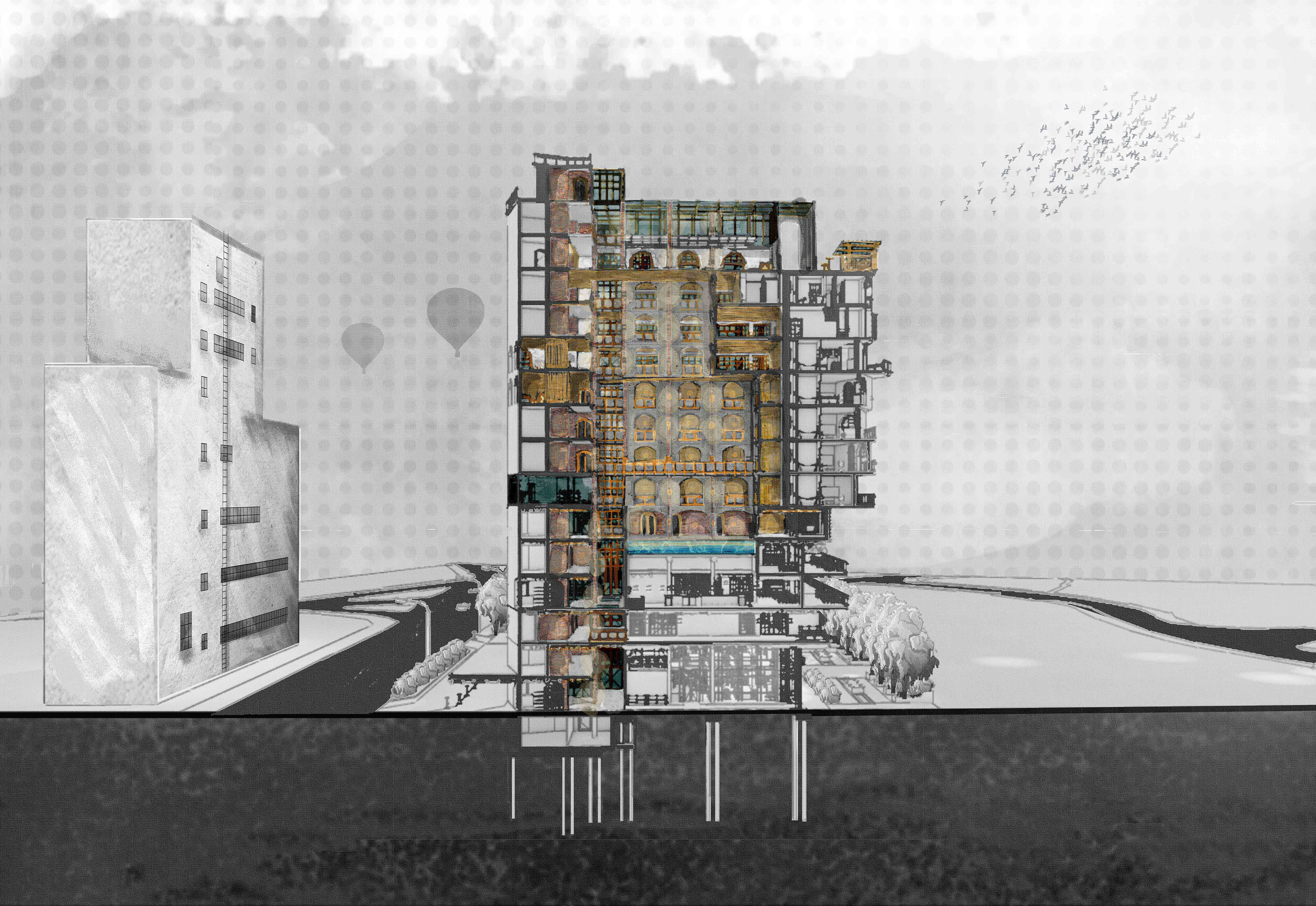 Section EE': Highlighting opening of the hotel atrium