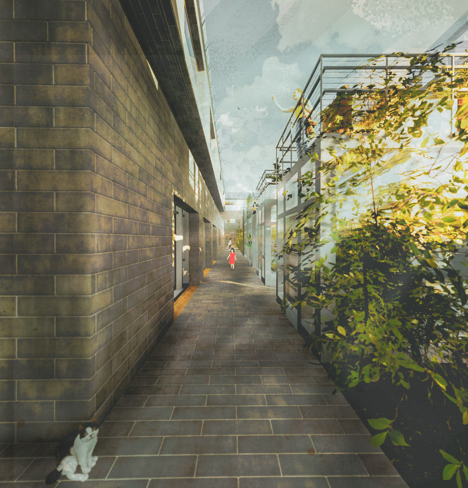 The spaces between communal work and communal live spaces.