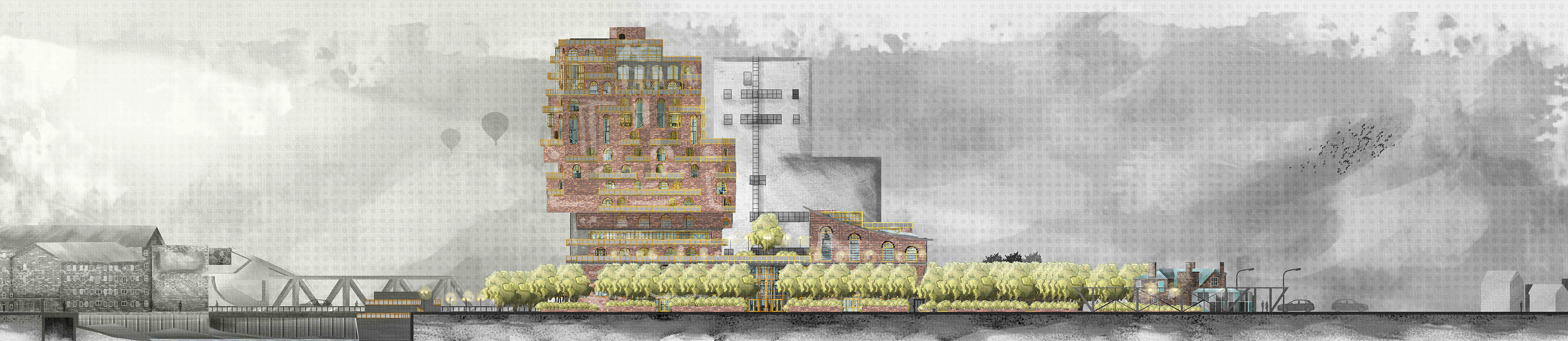 South Elevation AA': Highlighting the use of trees to create a sense of exclusivity and the use of space and void to frame Shotwell's central tower.