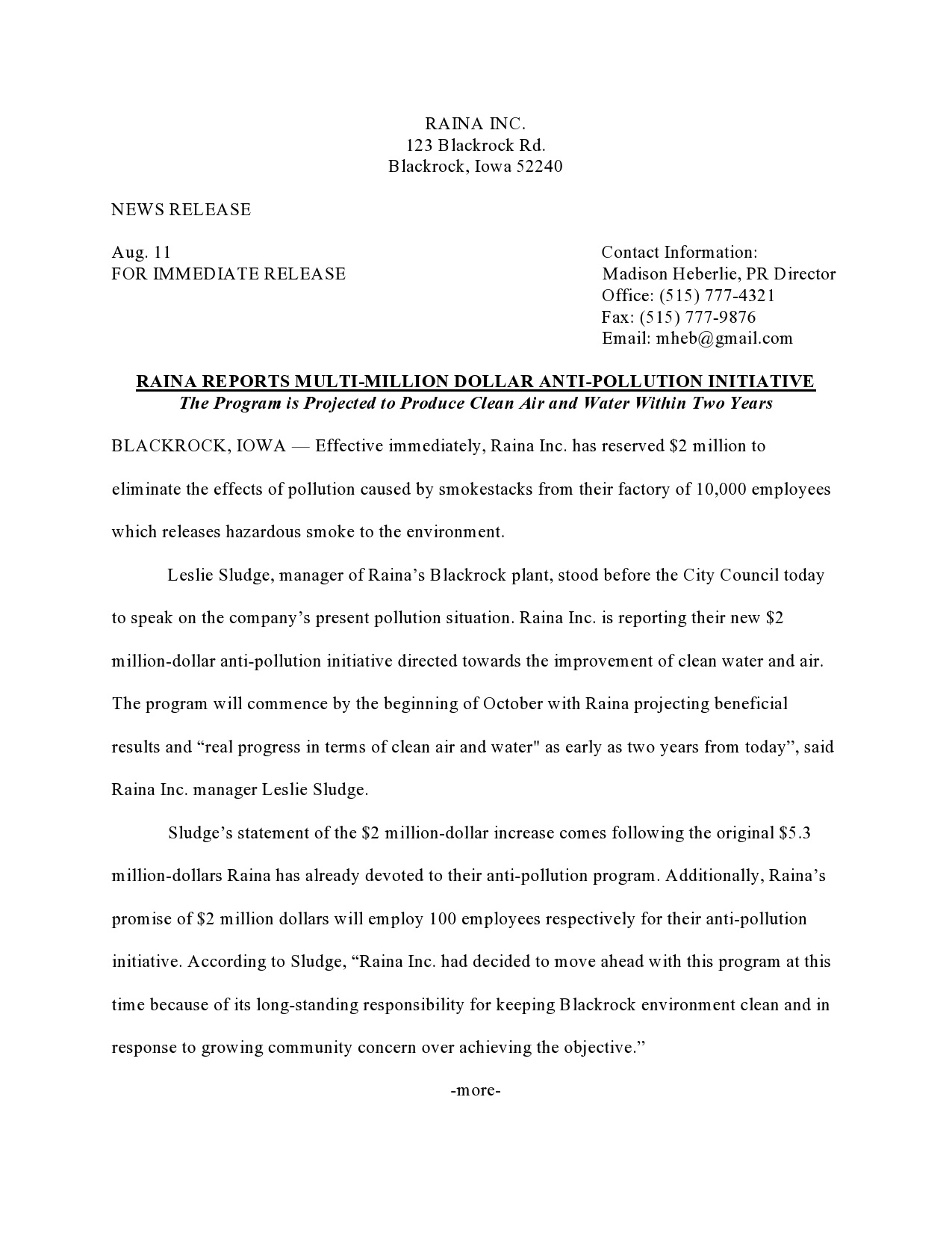 Sample Press Release - Raina Inc.