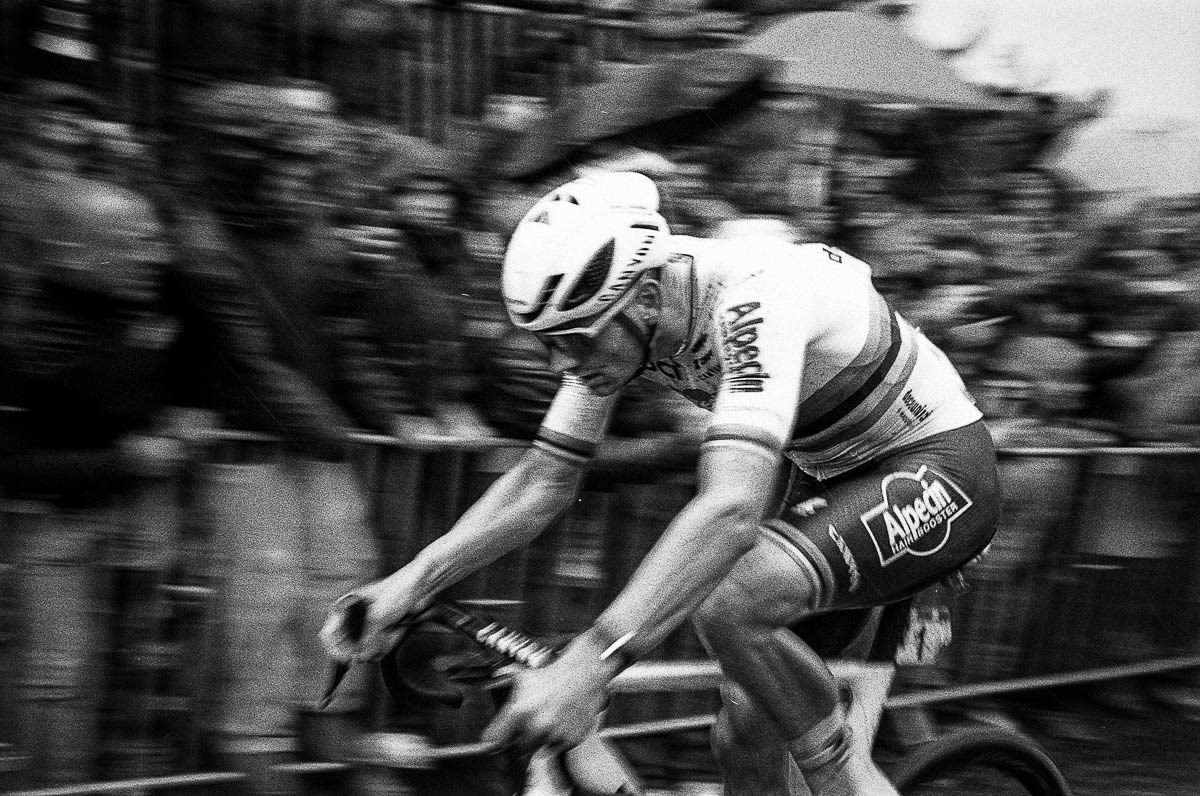 World champion Mathieu van der Poel climbs through the crowds on the Oude Kwaremont during Ronde van Vlaanderen