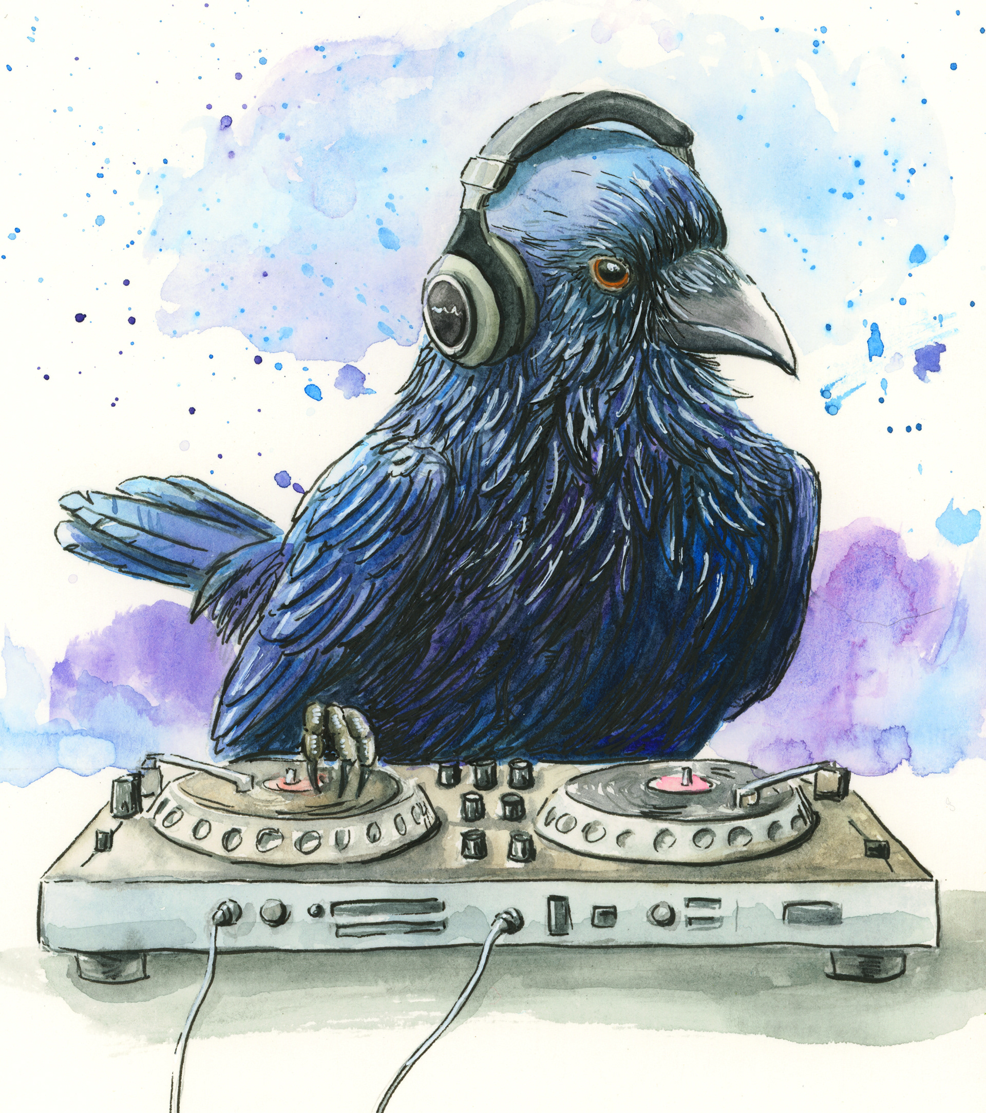 DJ Corvid, 10 x 10, watercolor on paper