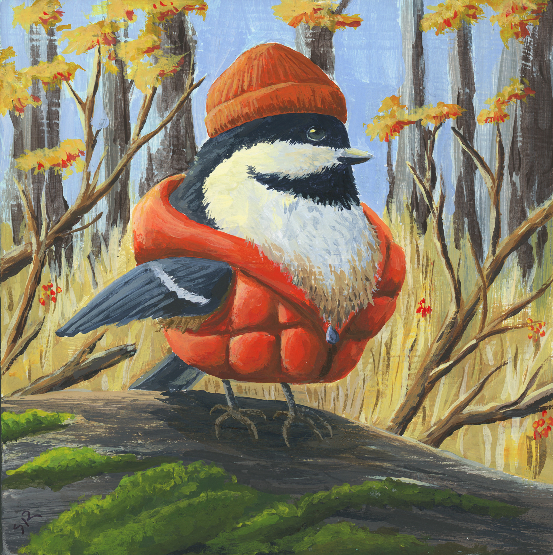 Cozy Chickadee, 4x4 acrylic on wood panel, SOLD.