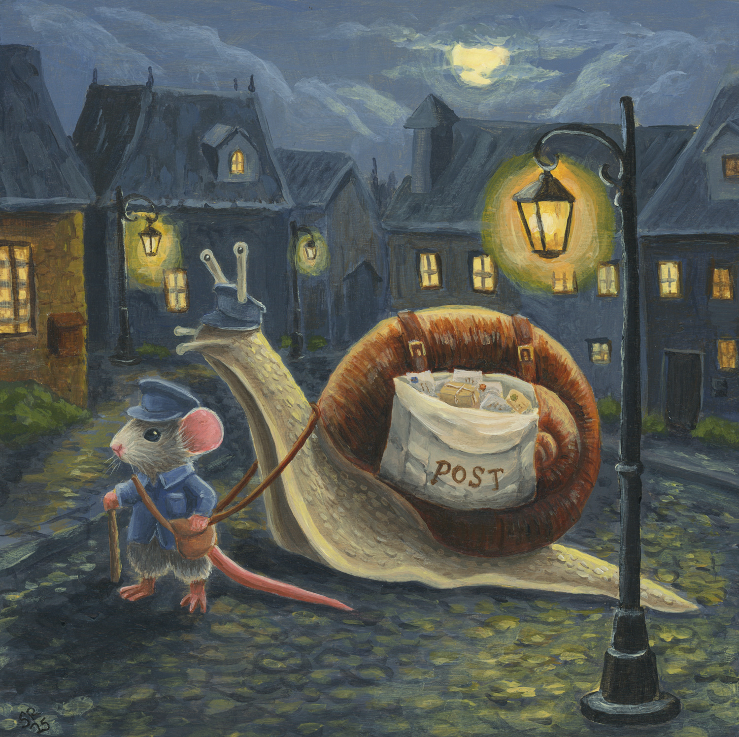 Snail Mail (from The Night Society Series), 6. 6, acrylics on wood panel, with LED lights