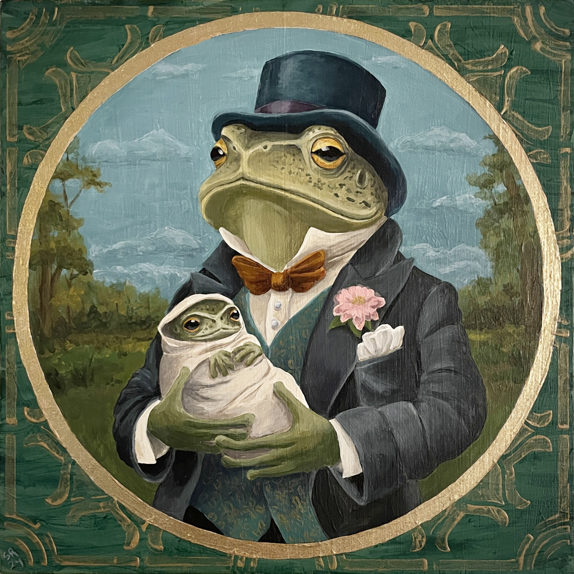 Sir Reginald Hoppenworth III and his newly hatched son, Bartholomew, 8 x 8, acrylics on wood panel