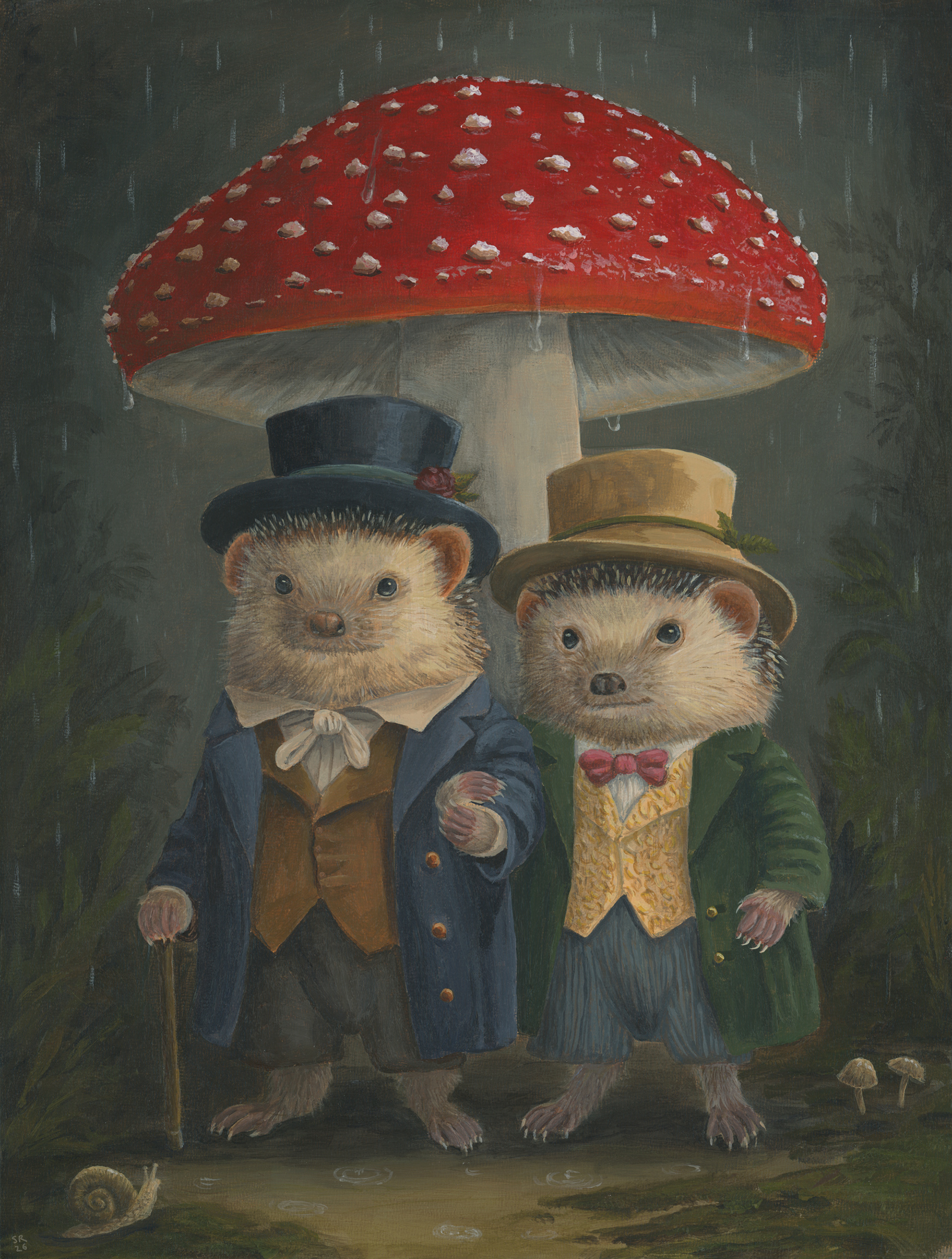 Cedric and Timothy and the Rainy Day, arylics on wood, 9 x 12 inches.