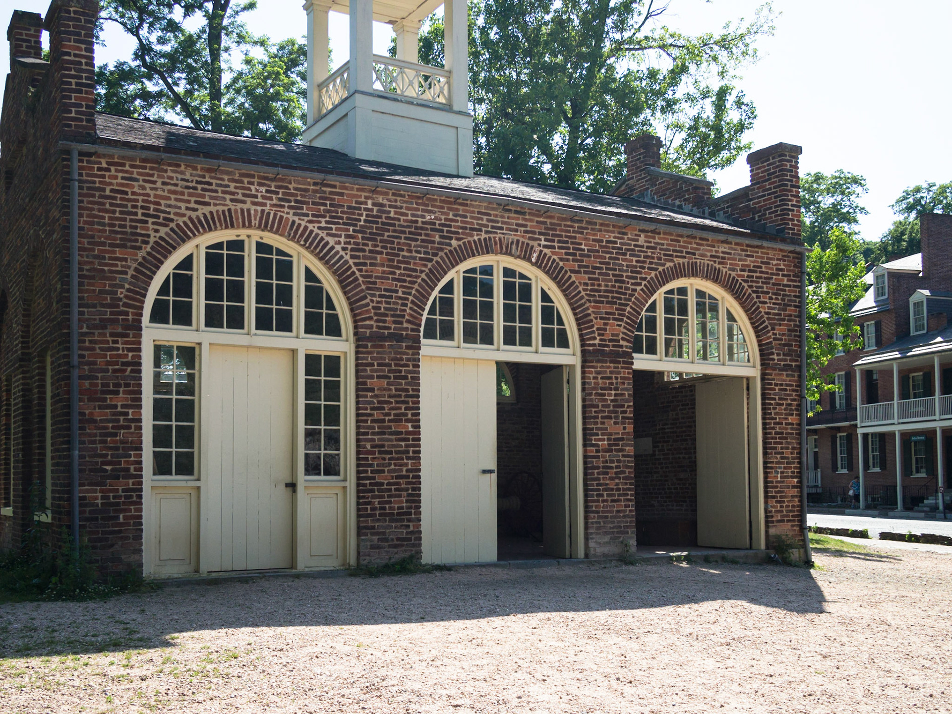The engine house where John Brown barricaded himself and his followers. The leftmost door is a storage area; Brown used the section with the two rightmost doors.