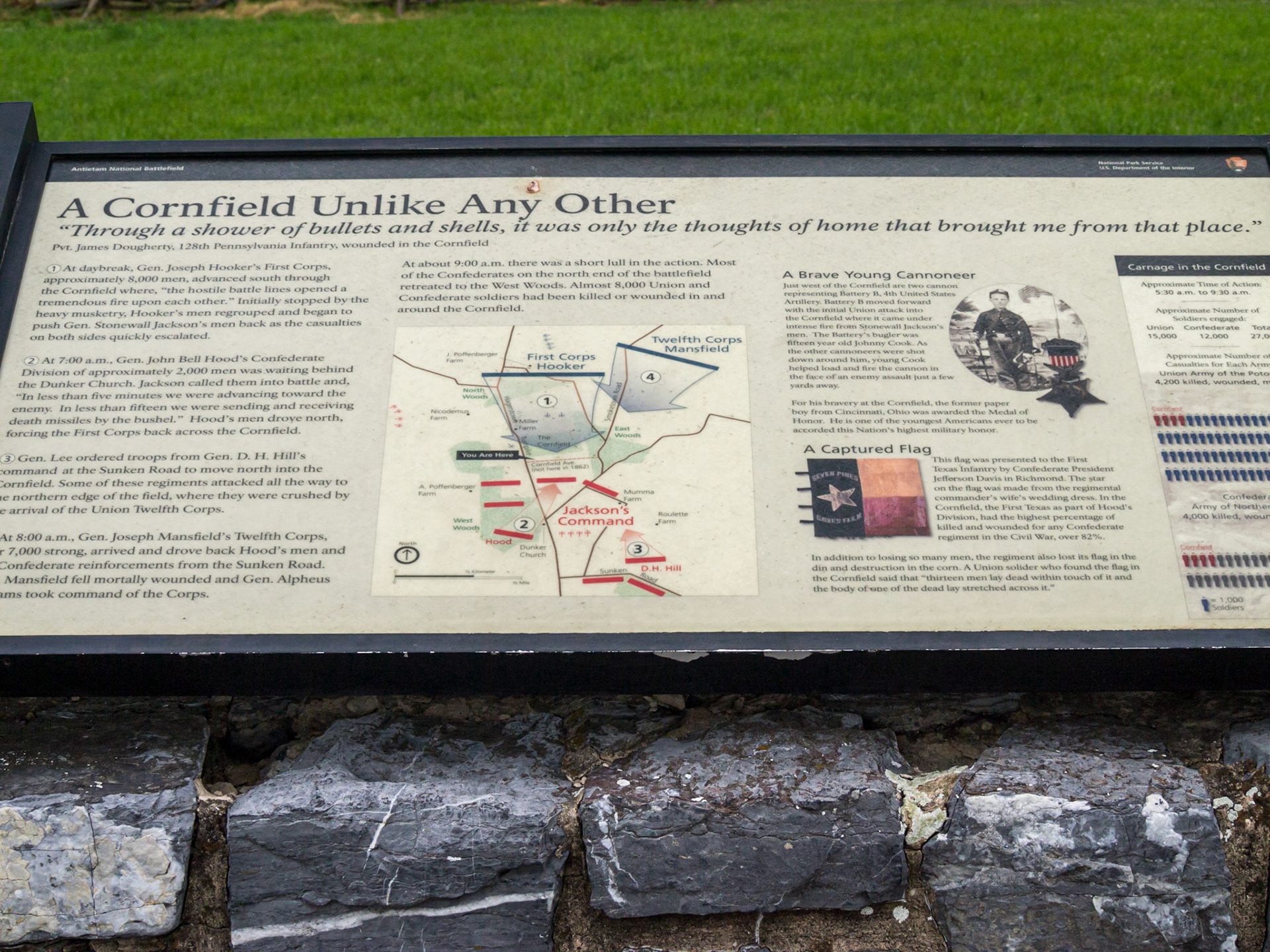 Sign explaining the cornfield. A twenty-four acre plot that is the bloodiest spot in the nation.