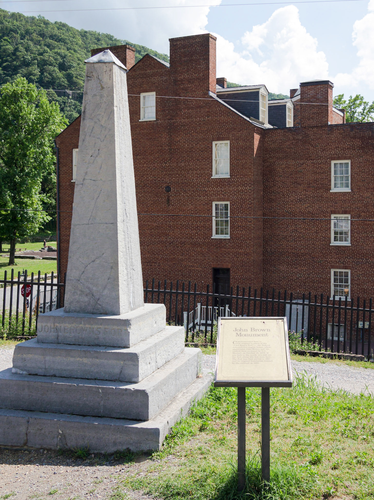 John Brown monument. It stands where the engine house stood at the time of Brown’s raid. (The house has been move a hundred feet to accommodate the railroad.)