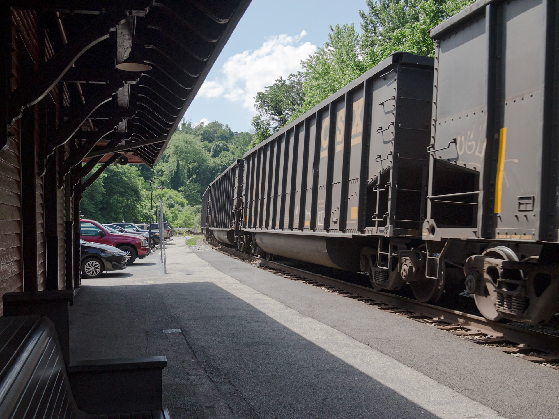 Freight train rolling through the Harpers Ferry train station.