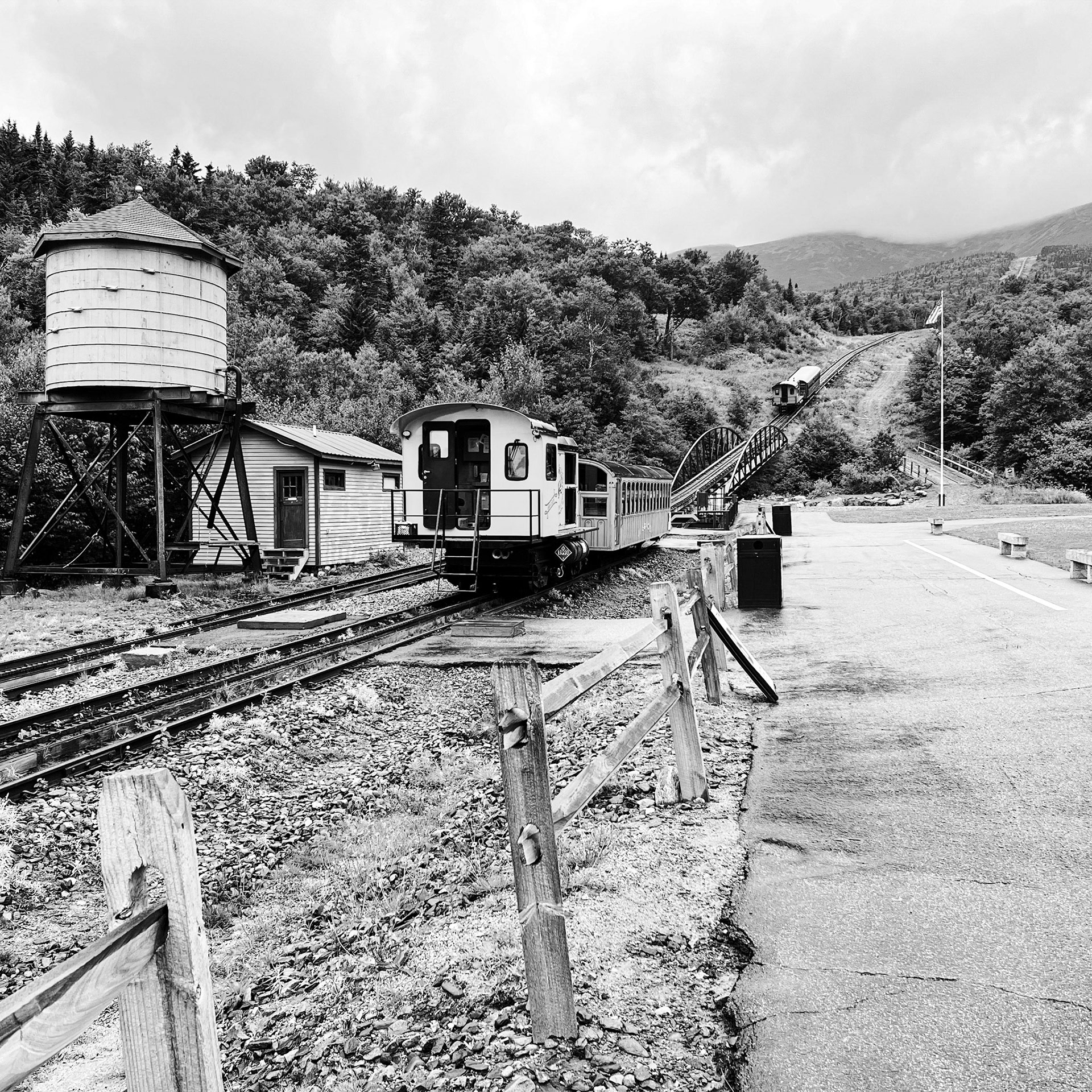 Two of the cog railway units heading up the tracks
