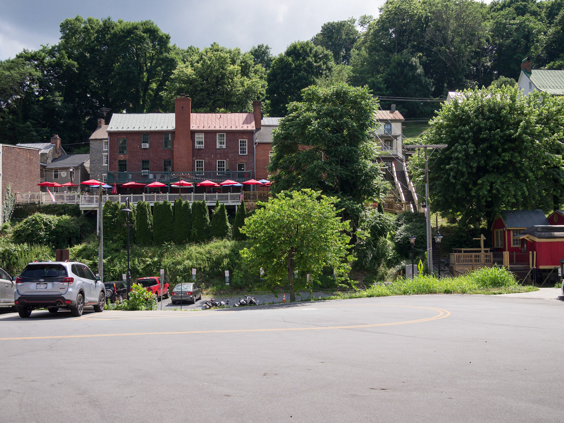 The town runs up a hill.