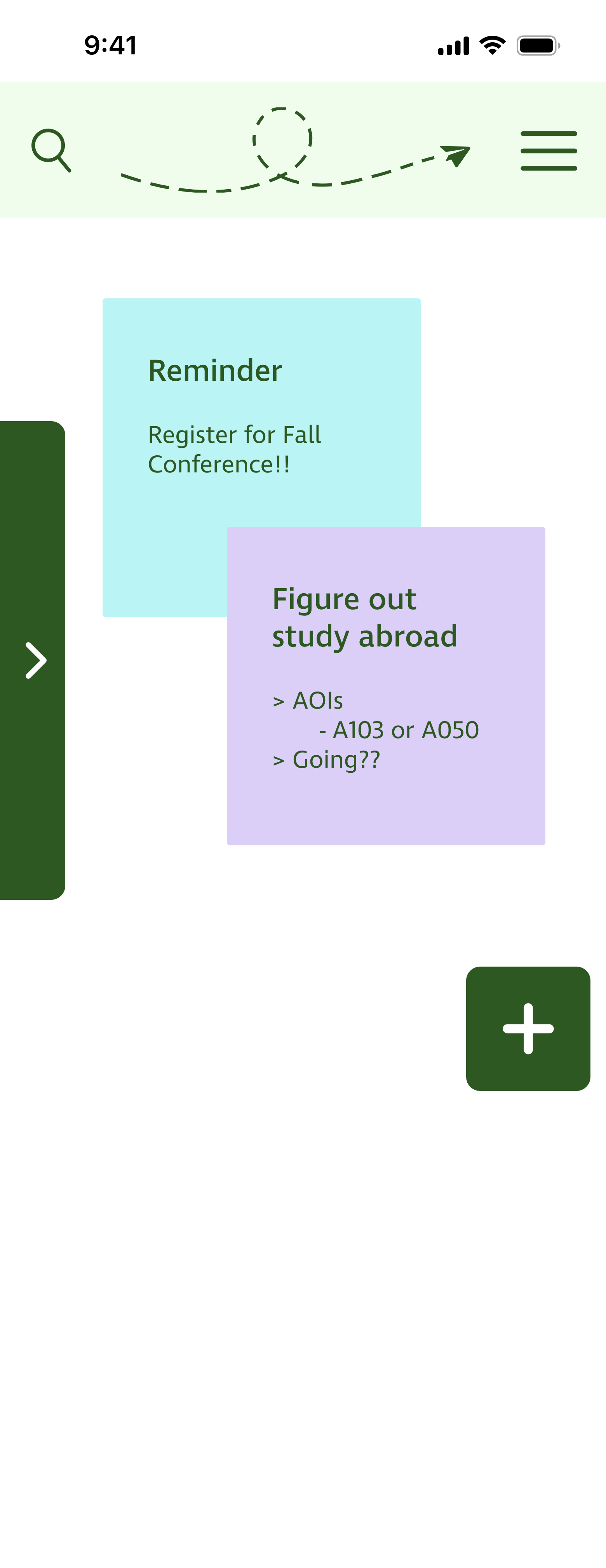Personal dashboard area found by swiping to the left on the green bar.